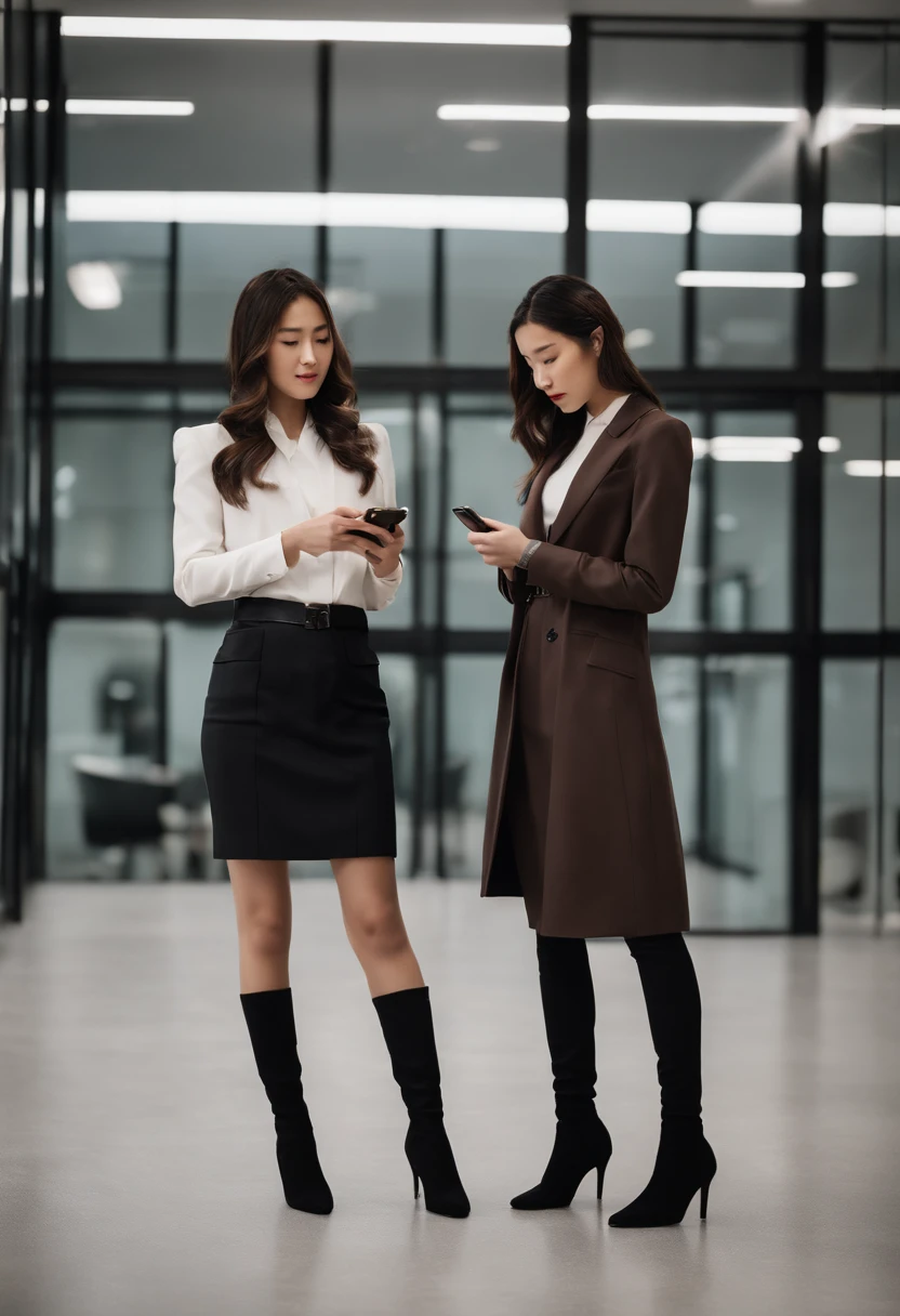 Two young Japanese women in suits, Black leather gloves, Stand with knee-high boots. They hold smartphones,What is being discussed. The environment is set in a modern office, It has a stylish and sophisticated atmosphere. Women have a clear difference in height, One is significantly taller than the other. The image quality is the best, It has ultra-delicate realism and bright colors. The lighting is perfectly balanced, Create a professional, sophisticated look.