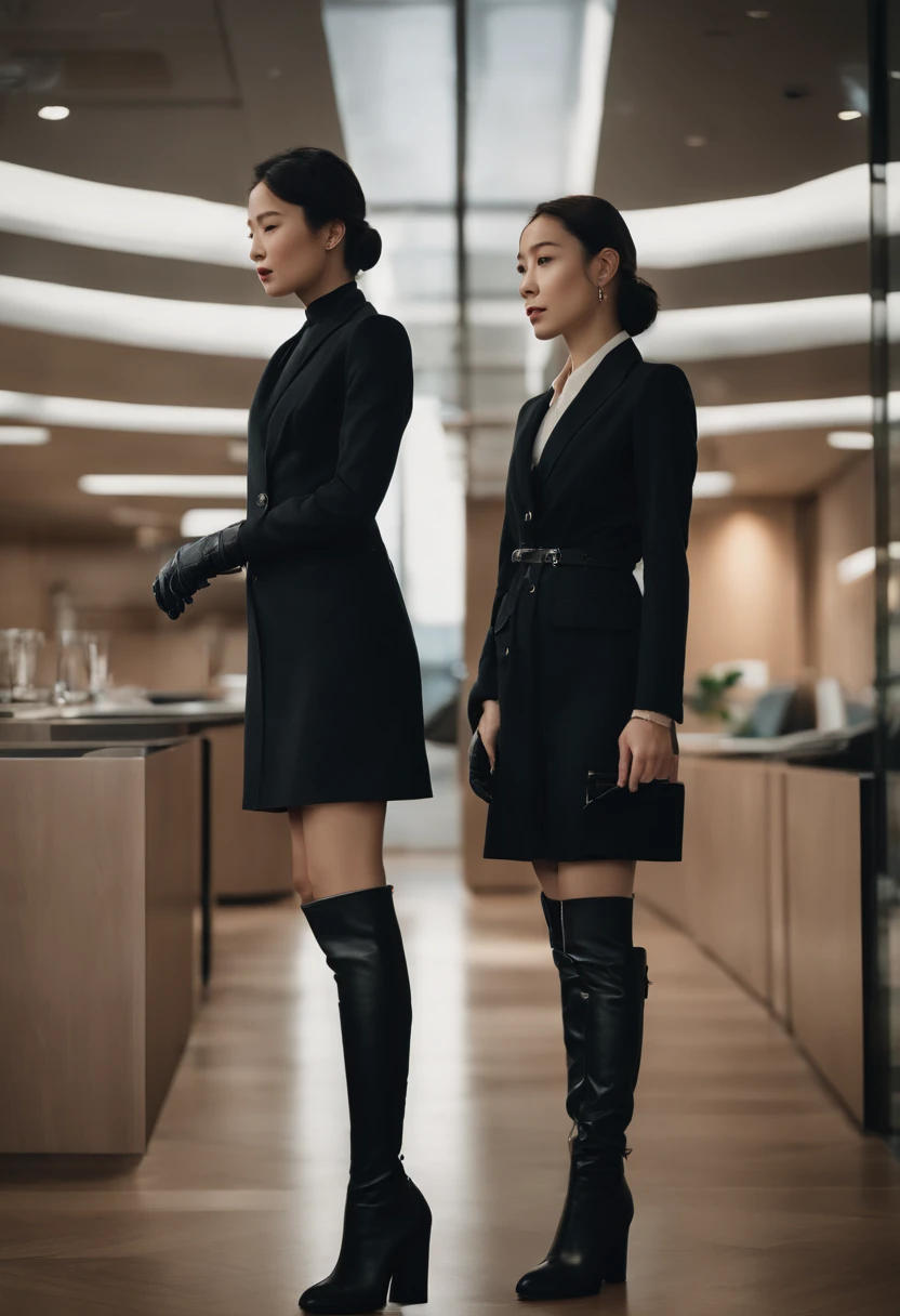 Two young Japanese women in suits, Black leather gloves, Stand with knee-high boots. They hold smartphones,What is being discussed. The environment is set in a modern office, It has a stylish and sophisticated atmosphere. Women have a clear difference in height, One is significantly taller than the other. The image quality is the best, It has ultra-delicate realism and bright colors. The lighting is perfectly balanced, Create a professional, sophisticated look.