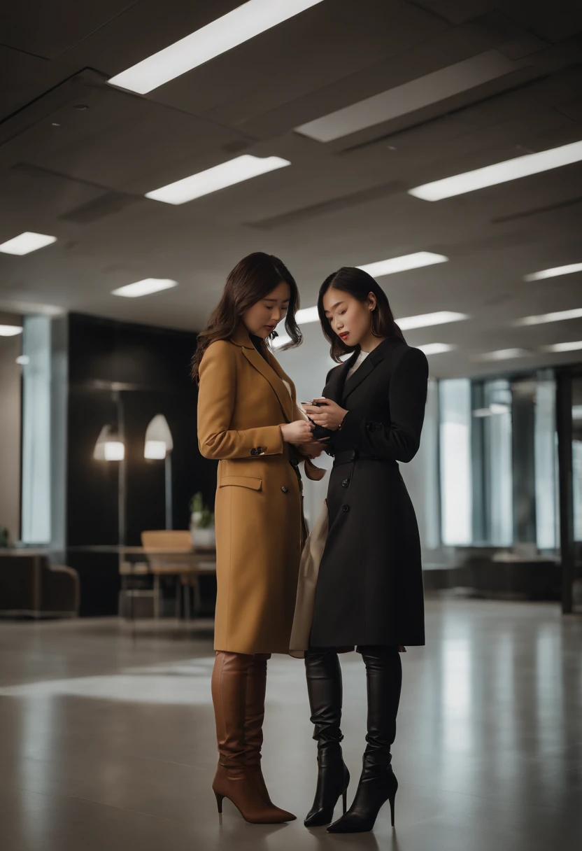 Two young Japanese women in suits, Black leather gloves, Stand with knee-high boots. They hold smartphones,What is being discussed. The environment is set in a modern office, It has a stylish and sophisticated atmosphere. Women have a clear difference in height, One is significantly taller than the other. The image quality is the best, It has ultra-delicate realism and bright colors. The lighting is perfectly balanced, Create a professional, sophisticated look.