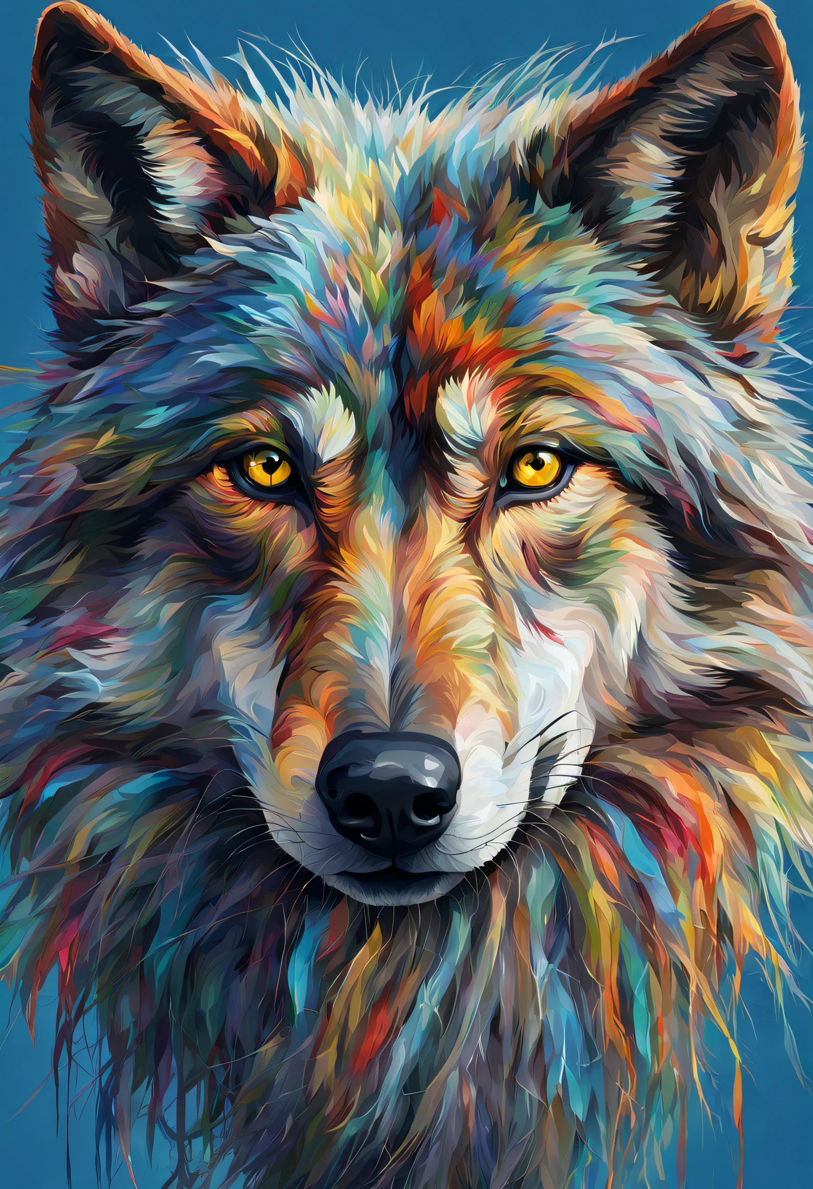 String art, a portrait of a wolf with colorful hair on a blue background, a detailed painting by Tom Wänerstrand, flickr, furry art, a painting of a wolf, wolf detailed, wolf. digital painting, full of colors and rich detail, wolf portrait painting, wolf design