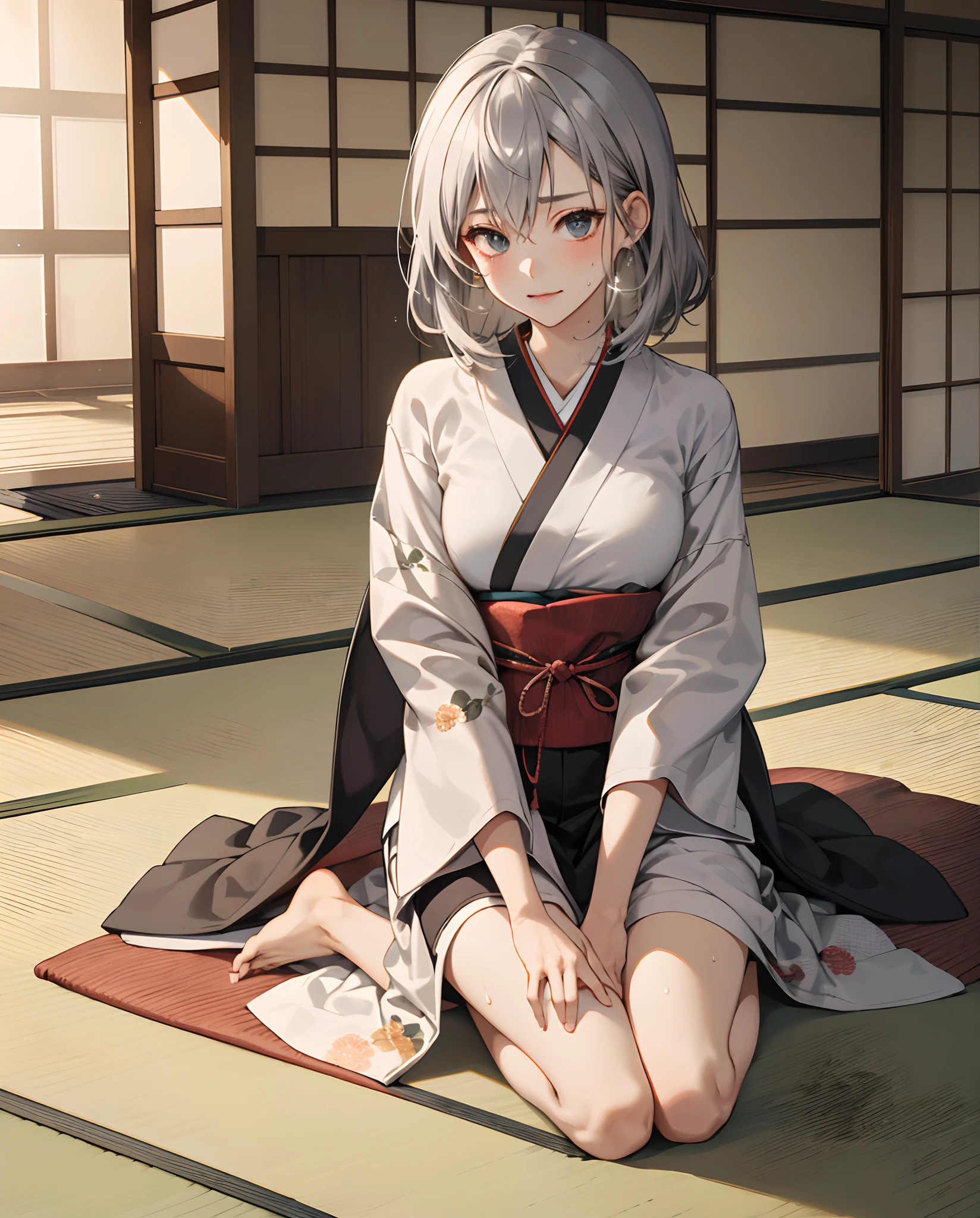 (masutepiece, Best Quality), Beautiful skin，Sweaty limbs,silber hair，Flushed face,girl with,traditional Japanese room，Tatami mats，tea