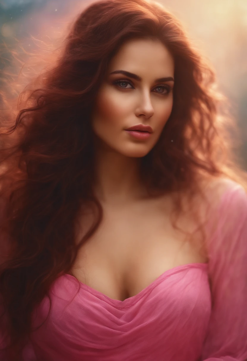 (best quality, vivid colors, realistic, ultra-detailed), naked sensual girl with big breasts and an hourglass figure, Inverted, oil painting, detailed facial features, flowing long hair, alluring gaze, soft skin, confident expression, pink-toned lighting, surreal background, dreamlike atmosphere