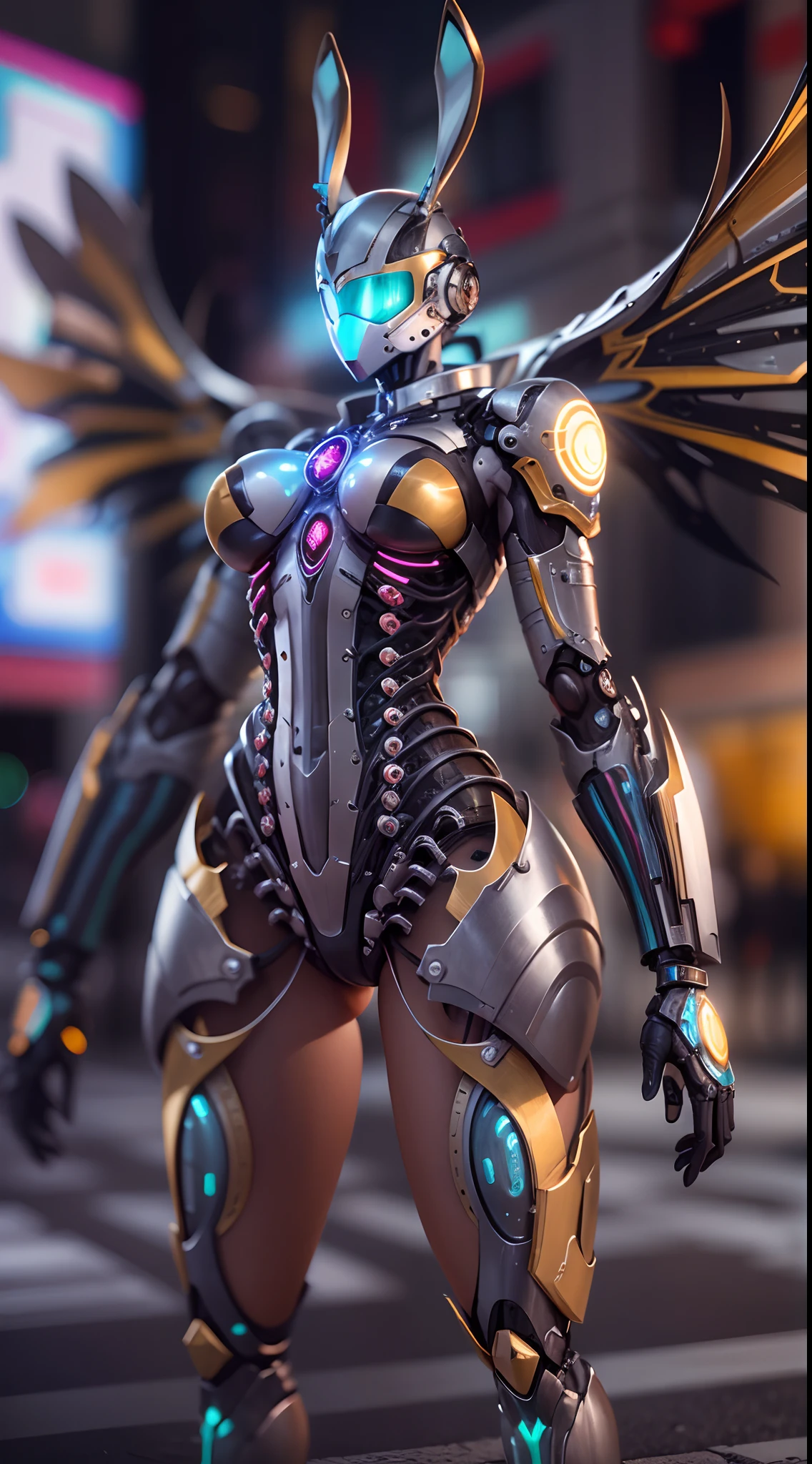 Topic prompts "Atomic heart, Mechanical Woman，Wings,Rabbit ears"，Shiny metal skin,Mechanical body parts,Mechanical limb,high-heels，[Meticulous, Surgical precision]。nigth,The center of the picture，frontage，which stands on the street。Science fiction art style,Vibrant colors,High-res,Ultra-detailed,Realistic lighting effects,Bokeh.