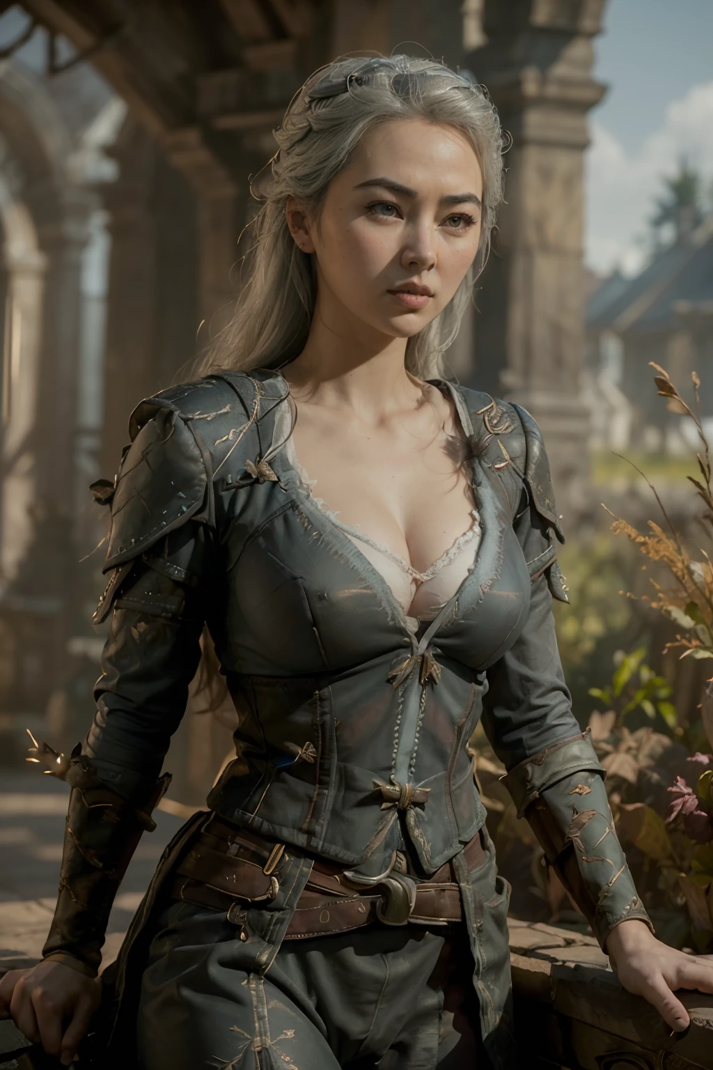 (((Jessica Henwick as Princess Ciri from The Witcher series)), (full body, dynamic pose), (masterpiece), (hyper realistic:1.4), (realistic:1.3), (best quality real texture skin),  (cinematic lighting), (movie scene), 1Beautiful woman, ((sexy, natural small breast, cleavage, nippin)), (glowing light), highly detailed skin, skin pores, (highly detailed face:1.1), (highly detailed eyes:1.1), realistic pupils, (perfect anatomy:1.1), (perfect proportions:1.1), (photography:1.1), (photorealistic:1.1), volumetric lighting, dynamic lighting, real shadows, (highres:1.1), sharp focus, daylight, (realistic, hyperrealistic:1.4), intricate, high detail, dramatic, subsurface scattering, big depth of field, vivid, polished, sharpened, ((full Sharp)), (extremely absurdres),8k hdr, (medieval-inspired landmass background)