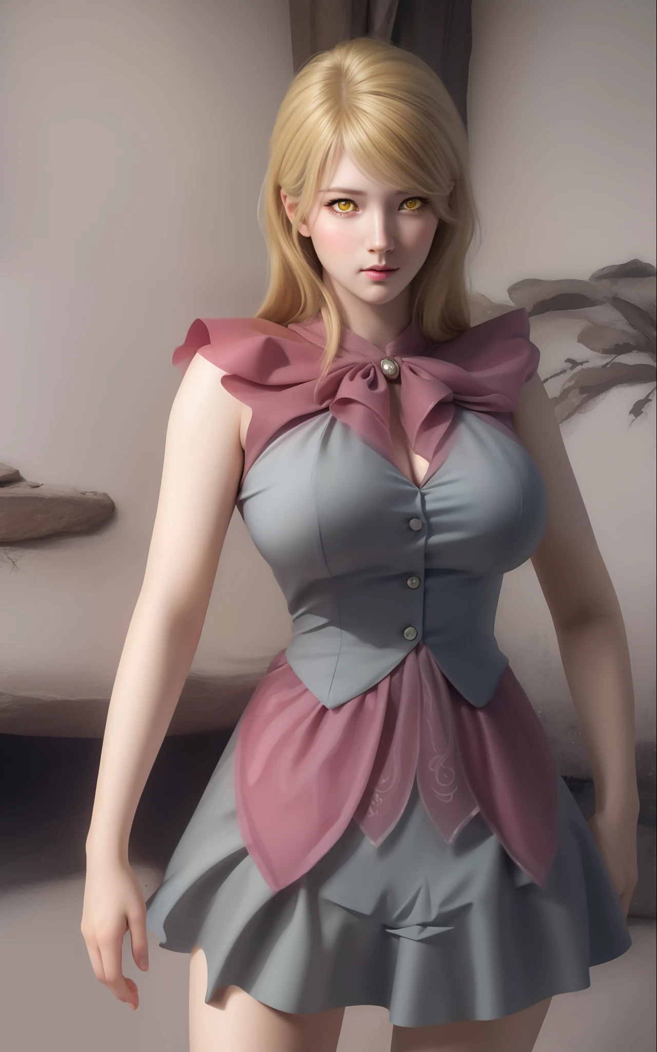 (hyperrealistic), (illustration), (high resolution), (8K), (extremely detailed), (best illustration), (beautiful detailed eyes), (best quality), (ultra-detailed), (masterpiece), (wallpaper), (photorealistic), (natural light), (rim lighting), (detailed face), (high detailed realistic skin texture), (anatomically correct), (solo), (1 girl), (high detailed realistic hair), (blonde hair:1.35), (heterochromic eyes), (detailed eyes), (yellow eyes:1.37), (sparkling eyes), (realistic big breasts:1.5), (exposed breasts:1.35), (long legs), (slender abs), (dynamic pose), (closed tiny mouth:1.3), nsfw, concentrated expression.