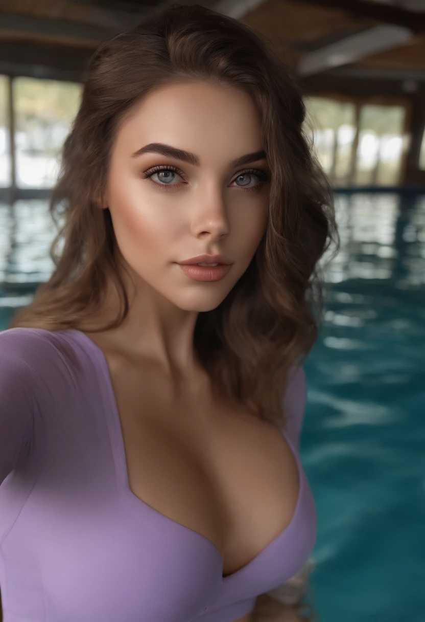 arafed woman fully , sexy girl with brown eyes, ultra realistic, meticulously detailed, portrait sophie mudd, brown hair and large eyes, selfie of a young woman, bedroom eyes, violet myers,, natural makeup, looking directly at the camera, face with artgram, subtle makeup, stunning full body shot kneeling in swimming pool, medium to large size bust at the gym , fitness girl, big ass
