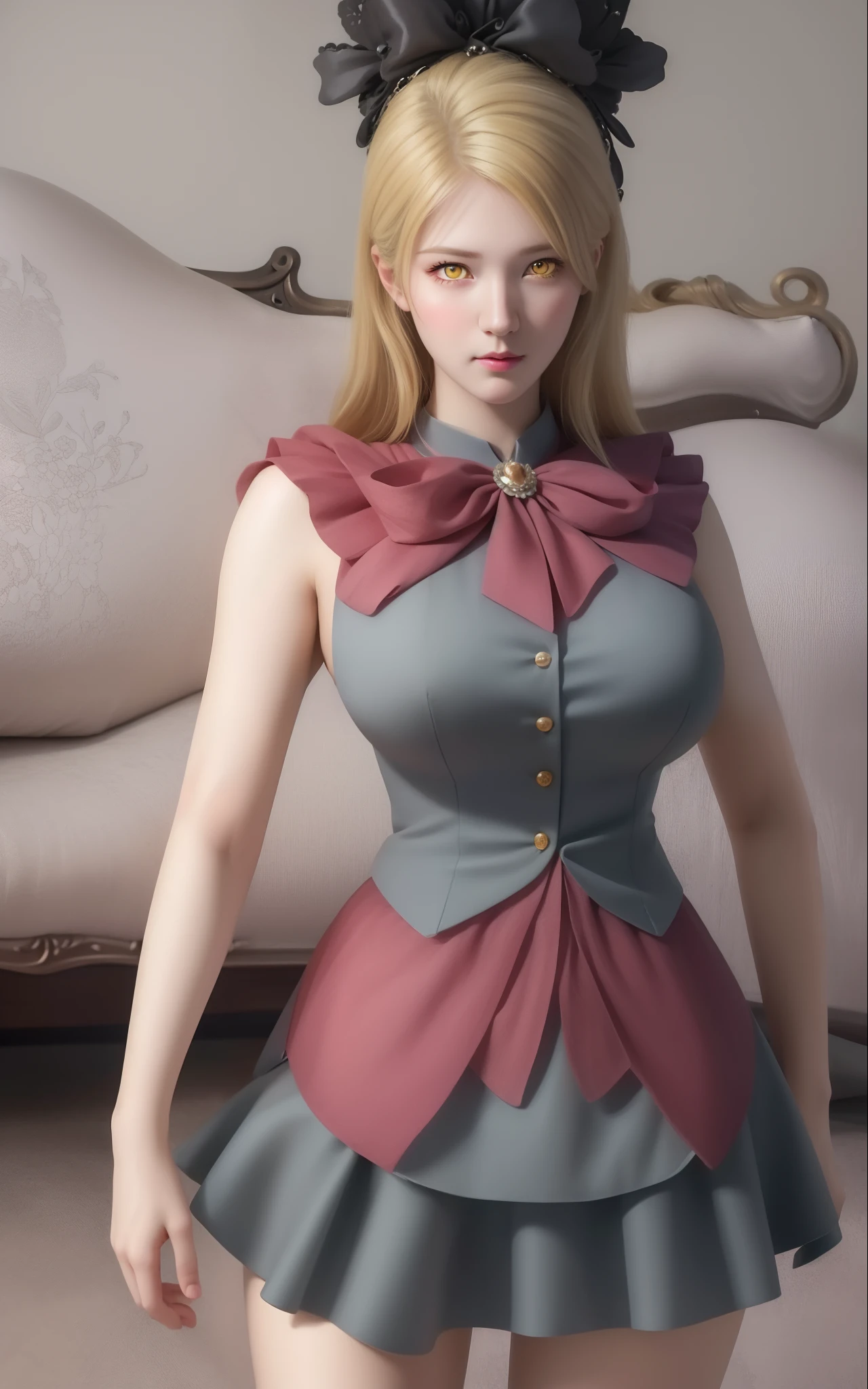 (hyperrealistic), (illustration), (high resolution), (8K), (extremely detailed), (best illustration), (beautiful detailed eyes), (best quality), (ultra-detailed), (masterpiece), (wallpaper), (photorealistic), (natural light), (rim lighting), (detailed face), (high detailed realistic skin texture), (anatomically correct), (solo), (1 girl), (high detailed realistic hair), (blonde hair:1.35), (heterochromic eyes), (detailed eyes), (yellow eyes:1.37), (sparkling eyes), (realistic big breasts:1.5), (exposed breasts:1.35), (long legs), (slender abs), (dynamic pose), (closed tiny mouth:1.3), nsfw, concentrated expression.