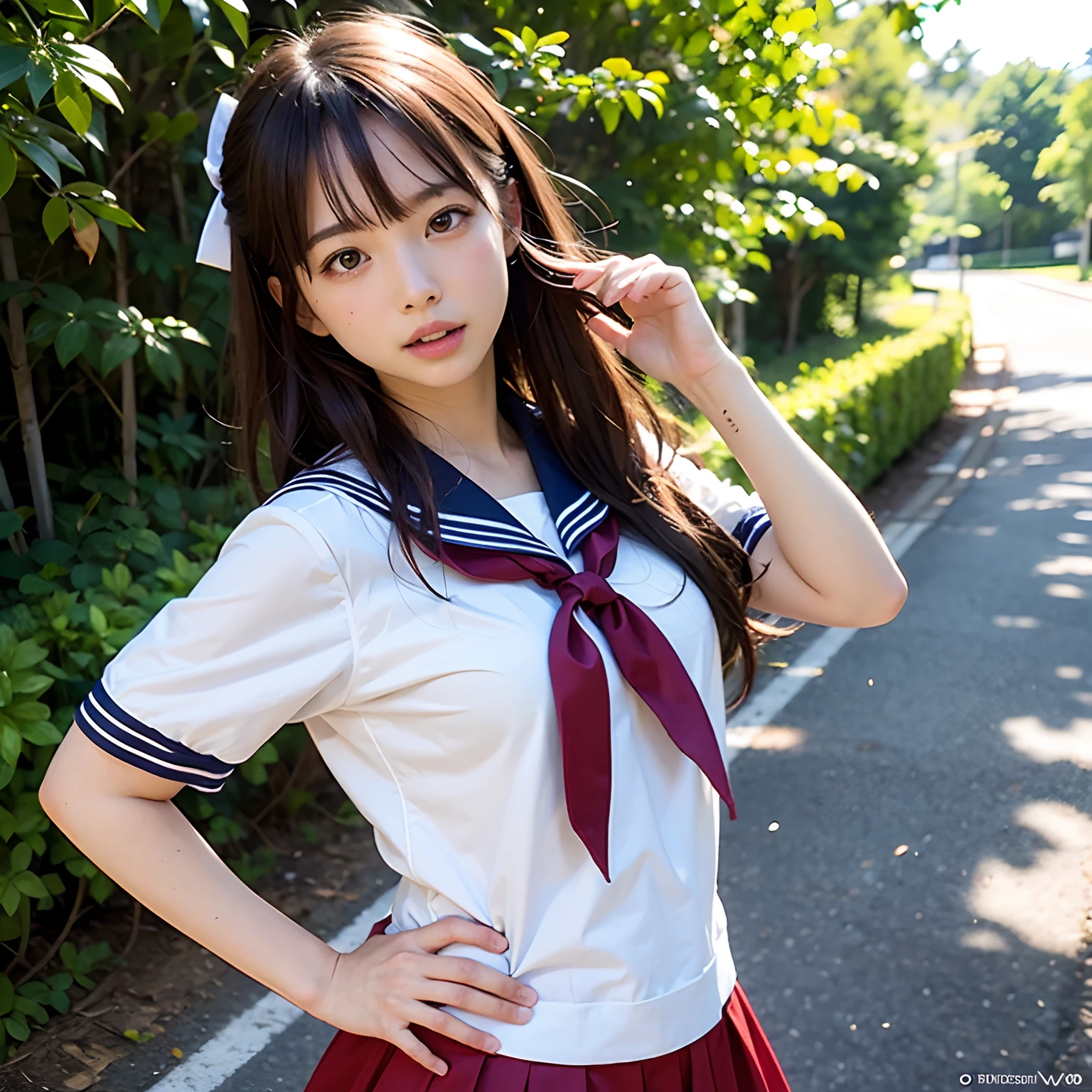 high school girl、、Wearing an armband、Japanese women,（whole body）、17 years old、Wearing a miniskirt、 Very beautiful face,  Beautiful girls, Beautiful realistic face,  