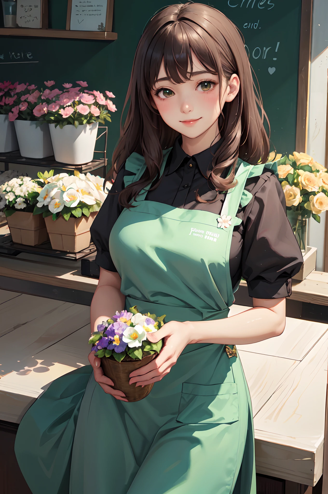 1lady solo, /(staff uniform/) /(deep green apron/), /(brown hair/) bangs, blush kind smile, (masterpiece best quality:1.2) delicate illustration ultra-detailed, large breasts BREAK /(flower shop/)