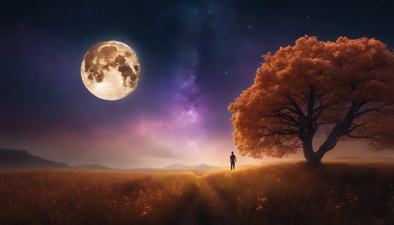 Vast landscape photos, (From below, Upper air, open fields below), Boy standing in a flower field on a gradient map and looking up, (fullmoon: 1.2), (Meteor: 0.9), (nebulas: 1.3), mountain in the distance, Tree BREAK making art, (Warm light source: 1.2), (firefly: 1.2), abajour, lot of purple and orange, Intricate details, Volumetric Lighting BREAK (masutepiece: 1.2), (Best Quality), 4K, ultra-detailliert, (dynamic compositions: 1.4), Detailed, Colorful, (iridescent: 1.2), (Glow, Atmospheric lighting), Dreamy, Fantastic, (Solo: 1.2)