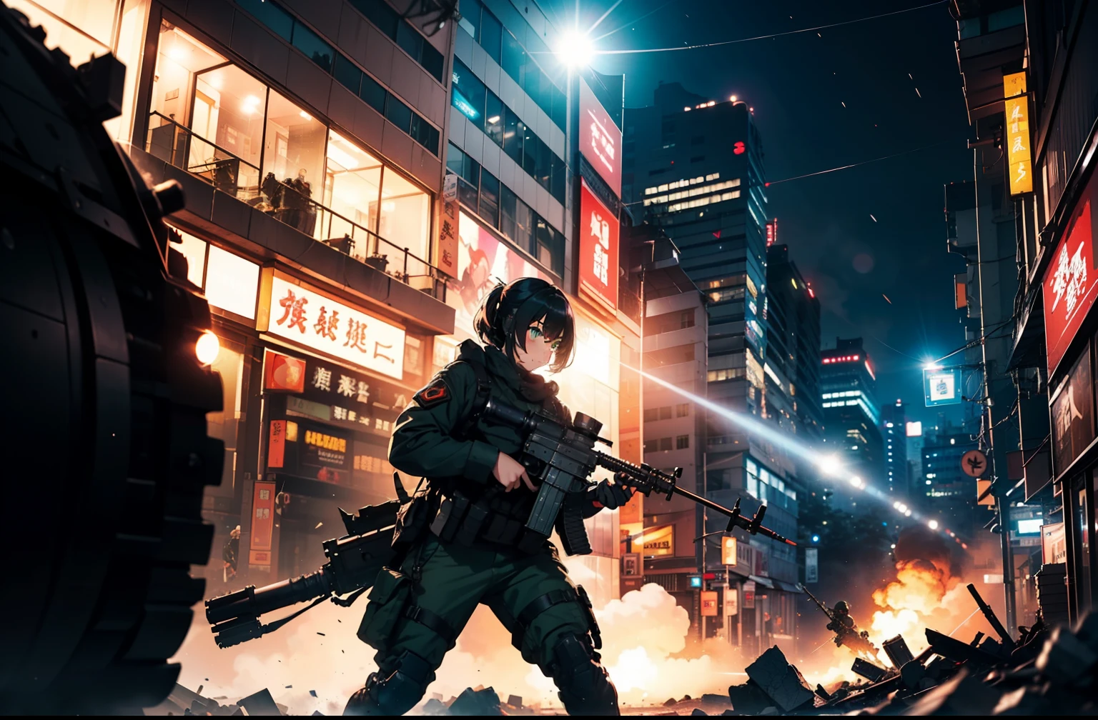 (One girl soldier sniping a giant military robot with a Lahti L-39 anti-tank gun)、long eyelasher,Blushlush,((masterpiece、top-quality、extremely details CG、16 K、Cinematographic lighting、lensflare))、Black combat uniform、Wide View、thick body、 Photorealsitic:1.4、long Brond Hair、green colored eyes、Have multiple weapons、Precision 1.Aim 4、Lahti L-39 anti-tank gun、direct light、Photographing rubble with a depth of field of 35 mm、F/1.Night footage with 8 lens flares、((Shinjuku at night where five special forces SWAT fight))、(Sniping with anti-tank rifles)、From Side、nffsw、Hyper Detailed、The wreckage of a giant robot、(wide-angle lens)、What I see