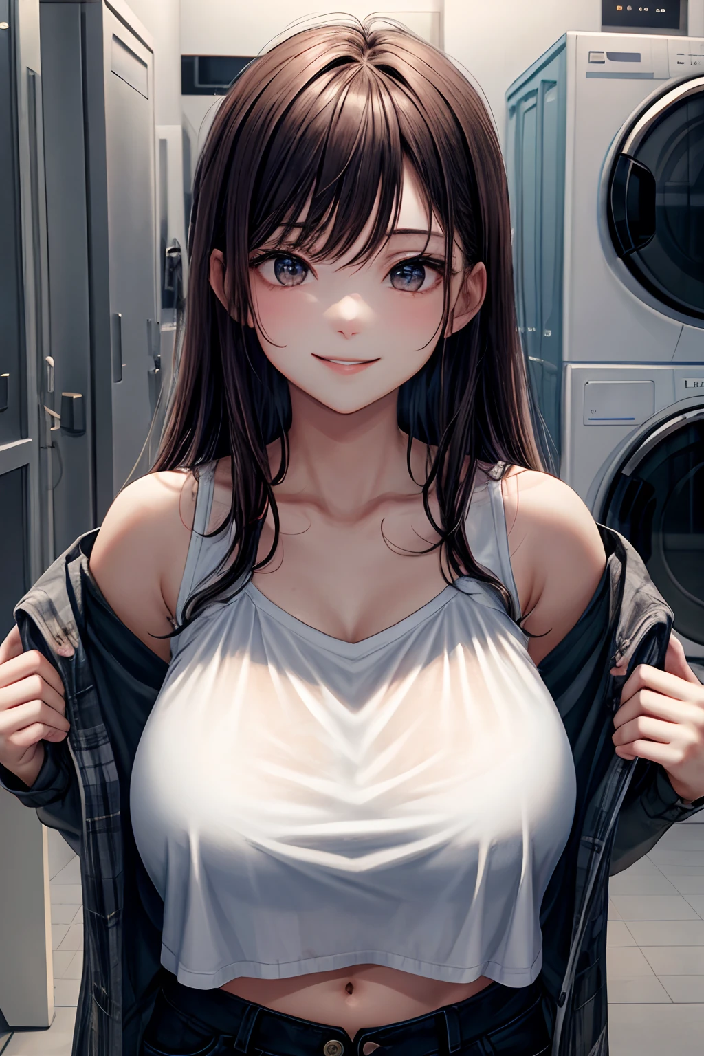 Masterpiece, Best quality, Hyper-detailed, 8K resolution, RAW photo, (1girll),Huge breasts:f, Gorgeous face, Japanese and Russian mix, Perfect body, 18yr old, white camisole, cheerfulness, posed for photo, Long hair, Smile, Night, kiss face, washing machine, sun light,The abdomen is exposed,Vest line