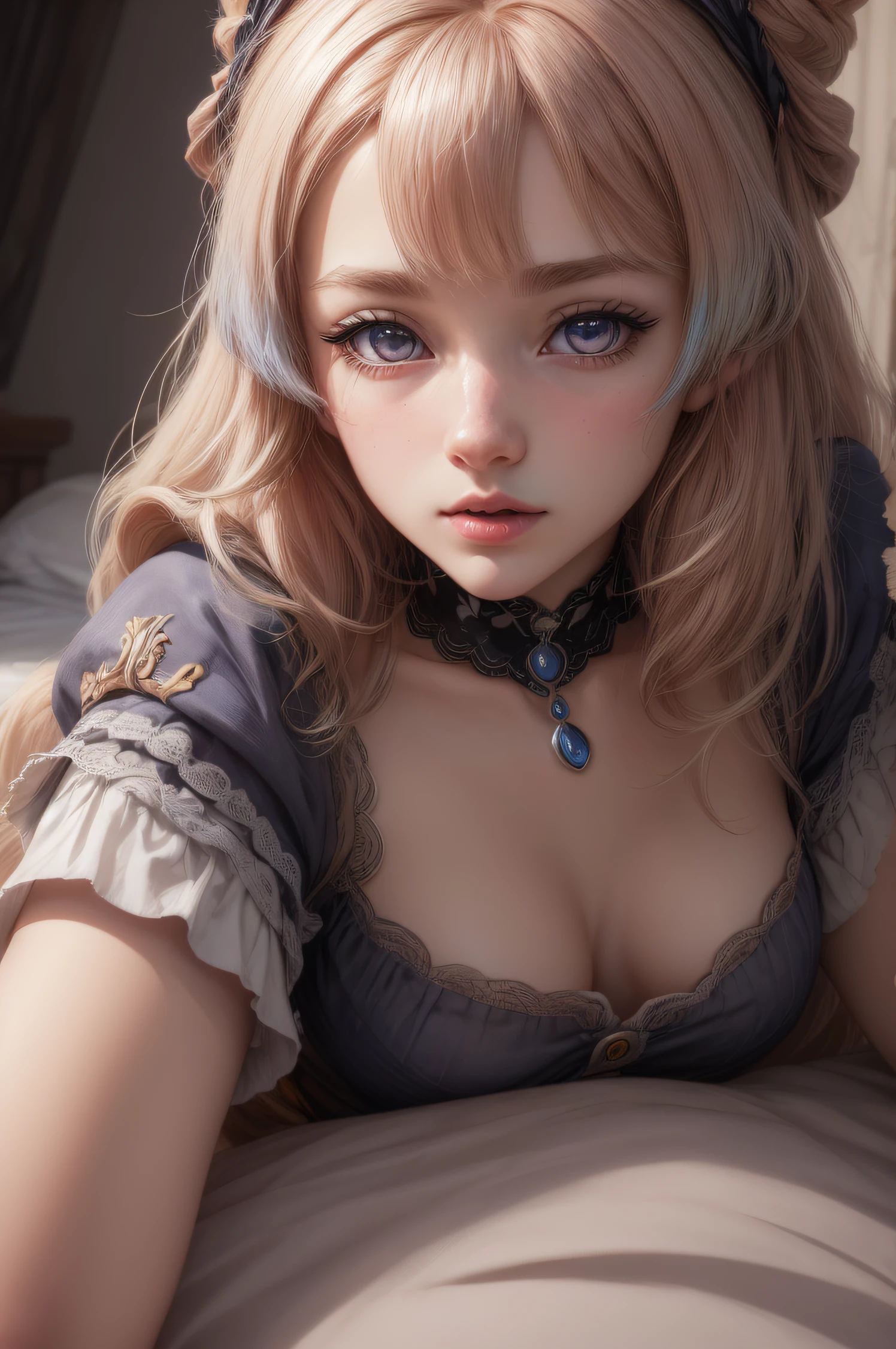 closeup face, Girl lying on bed, detailed digital anime art, Anime with small details, Best Quality, Masterpiece, Ultra-detailed, Beautiful, hight resolution, Original,CG 8K ультрареалистичный, perfect artwork, beatiful face, Face Clean, Skin, hyper realistic, Ultra Detailed, A detailed eye, dramatic lighting, (Realistic) Realistic, Full HD, Best Quality, Best Quality, Beautiful lighting, (8k wallpaper of extremely detailed CG unit), High Details, sharp-focus, The art of dramatic and photorealistic painting, housemaid, maid's clothes, High detail of clothing,