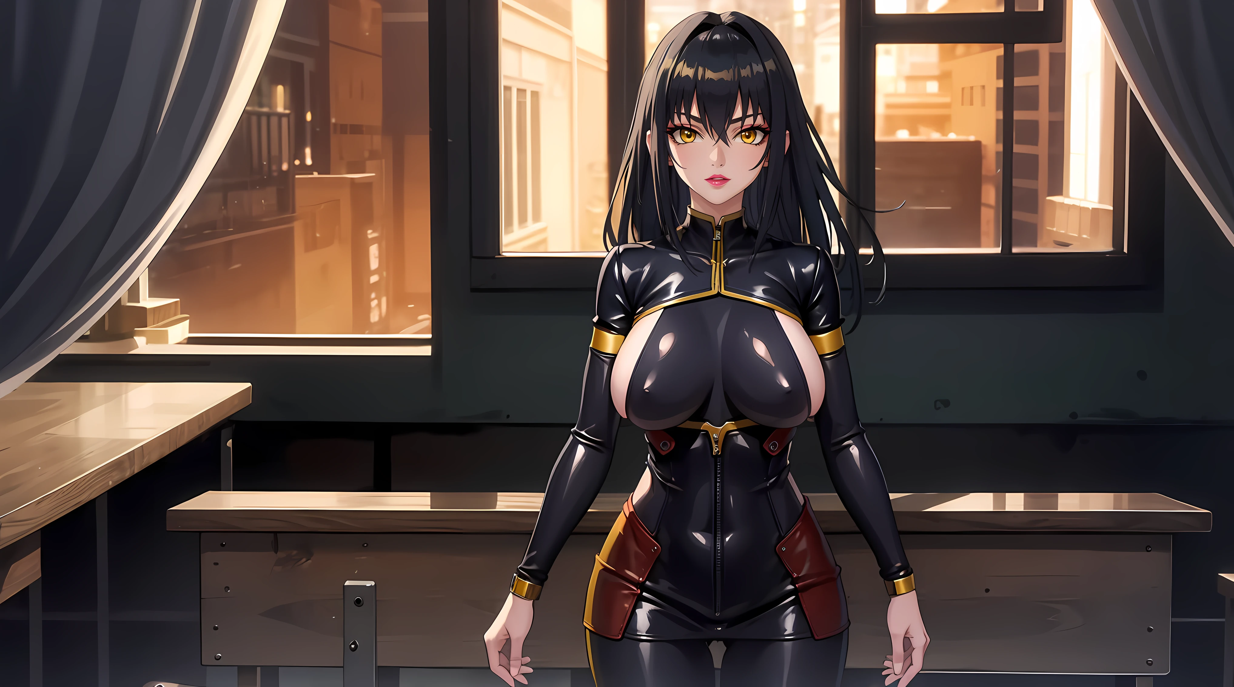 (masterpiece:1.4),(best quality:1.4), soft lighting, cinematic bloom, beautiful face, beautiful eyes, cowboy shot,
Annerose, 1girl, solo, female mature, black hair, long hair, (yellow eyes:1.4), large breasts, bodysuit, higheels, shiny clothes, skin tight, hair intakes, covered breasts, sideboob, exquisite eyes detail, exquisite character design unity details 8k hdr, professional art, landscape, (solo:1.5, cowboy shot:1.5), classroom, gorgeous body, milf, 35 years old girl
