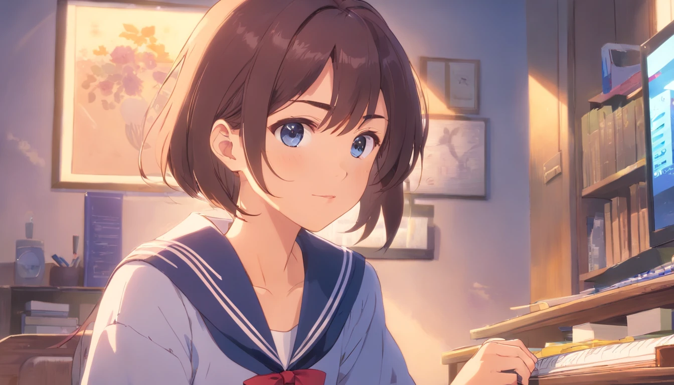 (masuter piece)、(best qualtiy)、(super detailing)、(well-groomed hair)、(illustratio)、(1girl in)、(detailedbackground)、Beautiful detailed eyes、Delicate beautiful face、(High color saturation)、Focus on the face、A dark-haired、bangss、movement、shorth hair、pixiv illustration、best qualtiy、super detailing、美丽的面容、4K、Clair、top-quality、beautidful eyes、Moist eyes、Blush cheeks、in 8K、The Light Shines、Happy look、Extremely beautiful scenery、A refreshing breeze blows、serious facial expression、Concentration、amazing composition、Looking down at the desk、a sailor suit、Serious gaze、An ultra-high picture quality、Alone、learning、lecture、Write in a note、study、lesson、Herren