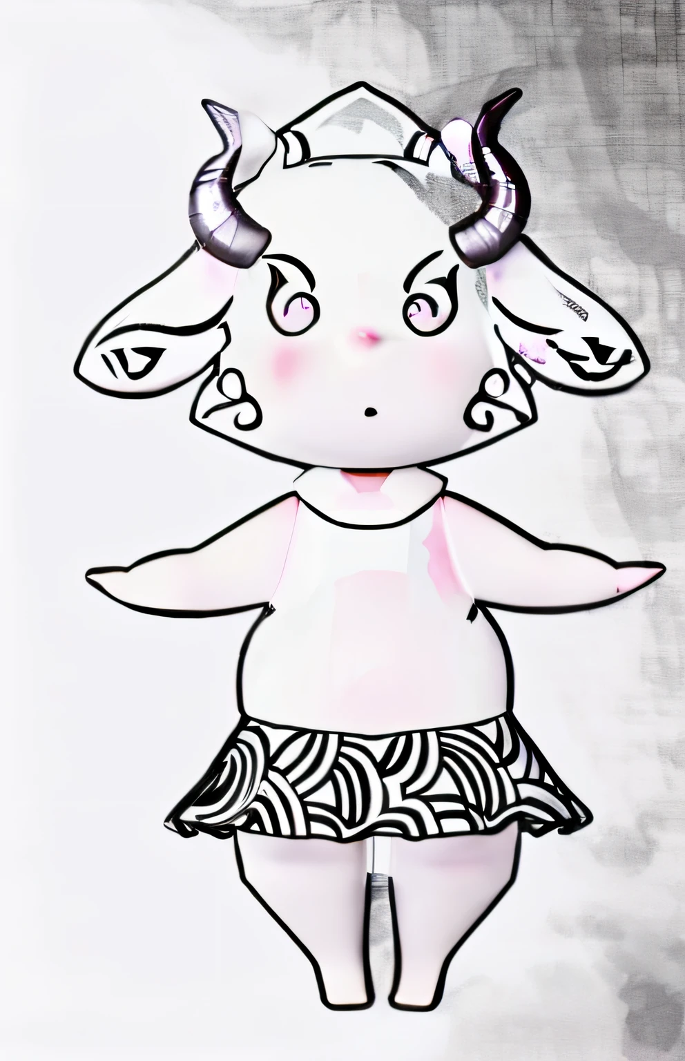 Drawing of a cartoon elephant with a skirt and headband, girl design lush horns, absurdist wiggly blob in a dress, horned ram goddess, inspired by Shūbun Tenshō, asura from chinese myth, detailed dress and face, stylized linework, hard outline, screentone shading, mara demon, menacing!!!, Delicate corpse