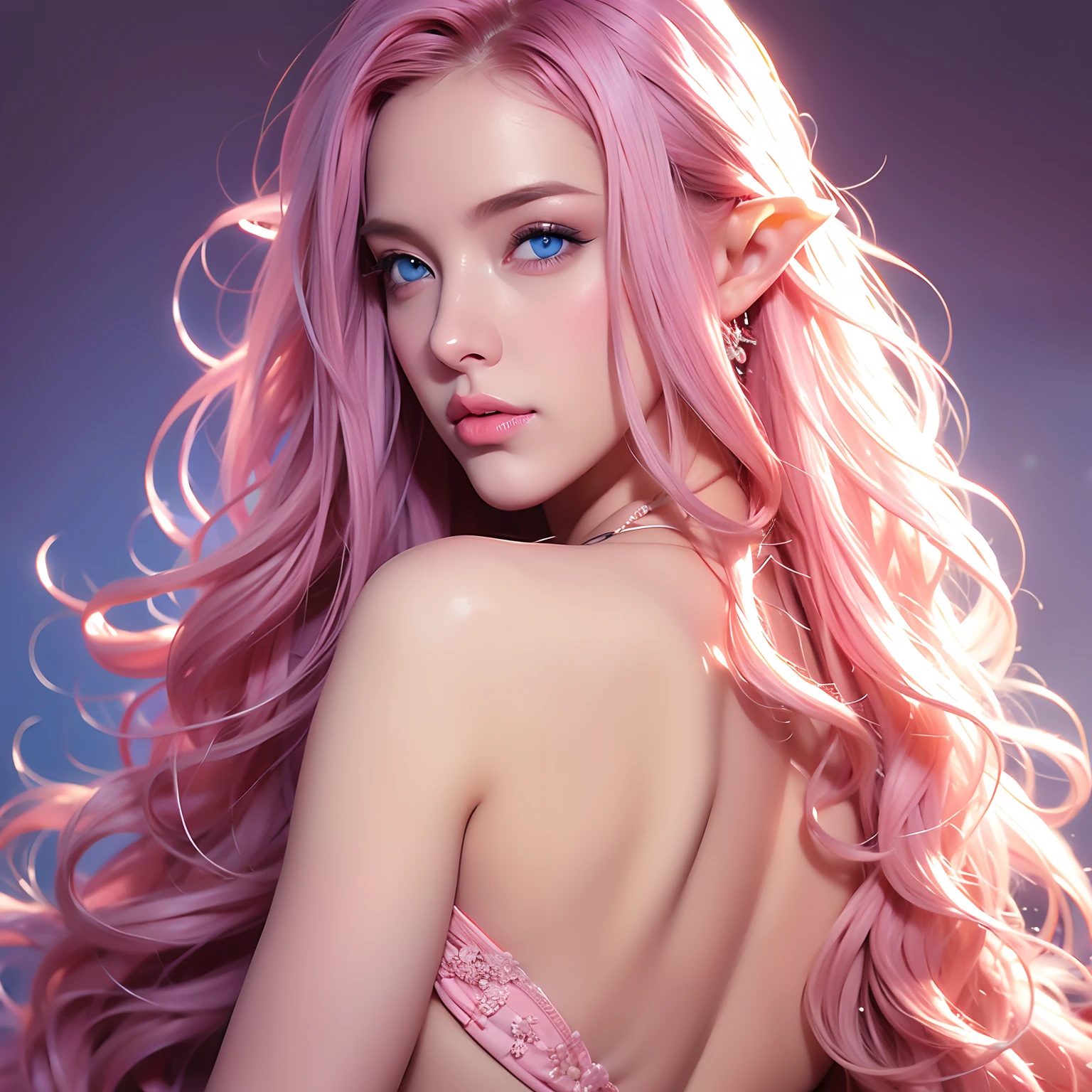 a woman, long curly hair, pink hair, blue eyes, sexy, sensual