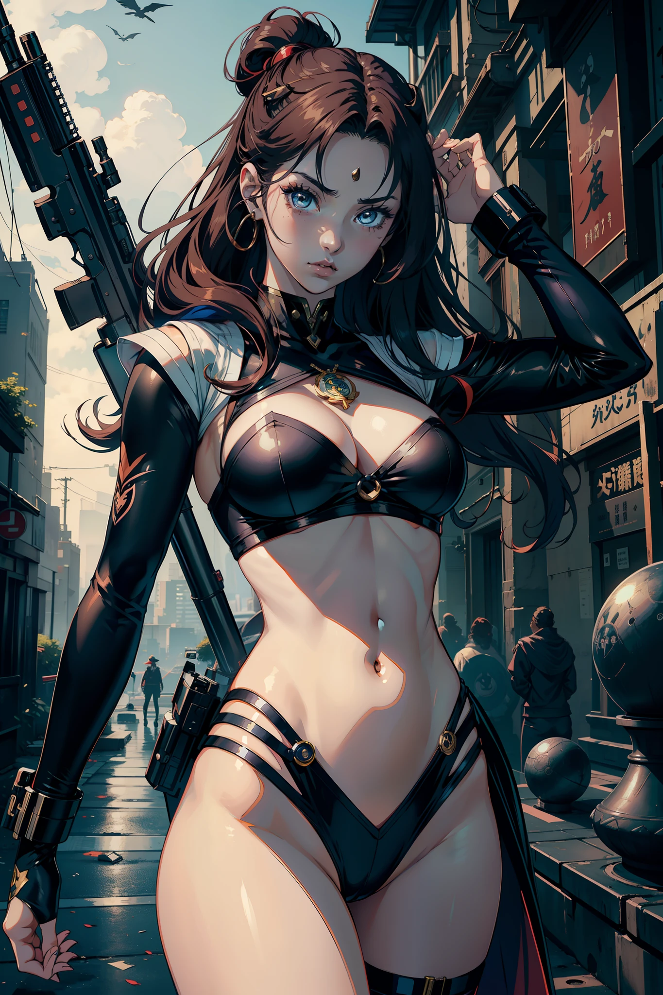 sailor moon, total body pose, perfect faces asymmetric, perfect eyes, femme fatal pose, with wavy long, hair ginger, perfect lips, perfect nose, eyes brow, environmental city; dressed as a gangster, guns , diadem, and sleek design , guns in pan, bold colors, and a-line silhouette, camera, , portrait, anime stile 90, realistic draw, (masterpiece, best quality, high quality, highres, ultra-detailed), realistic texture,