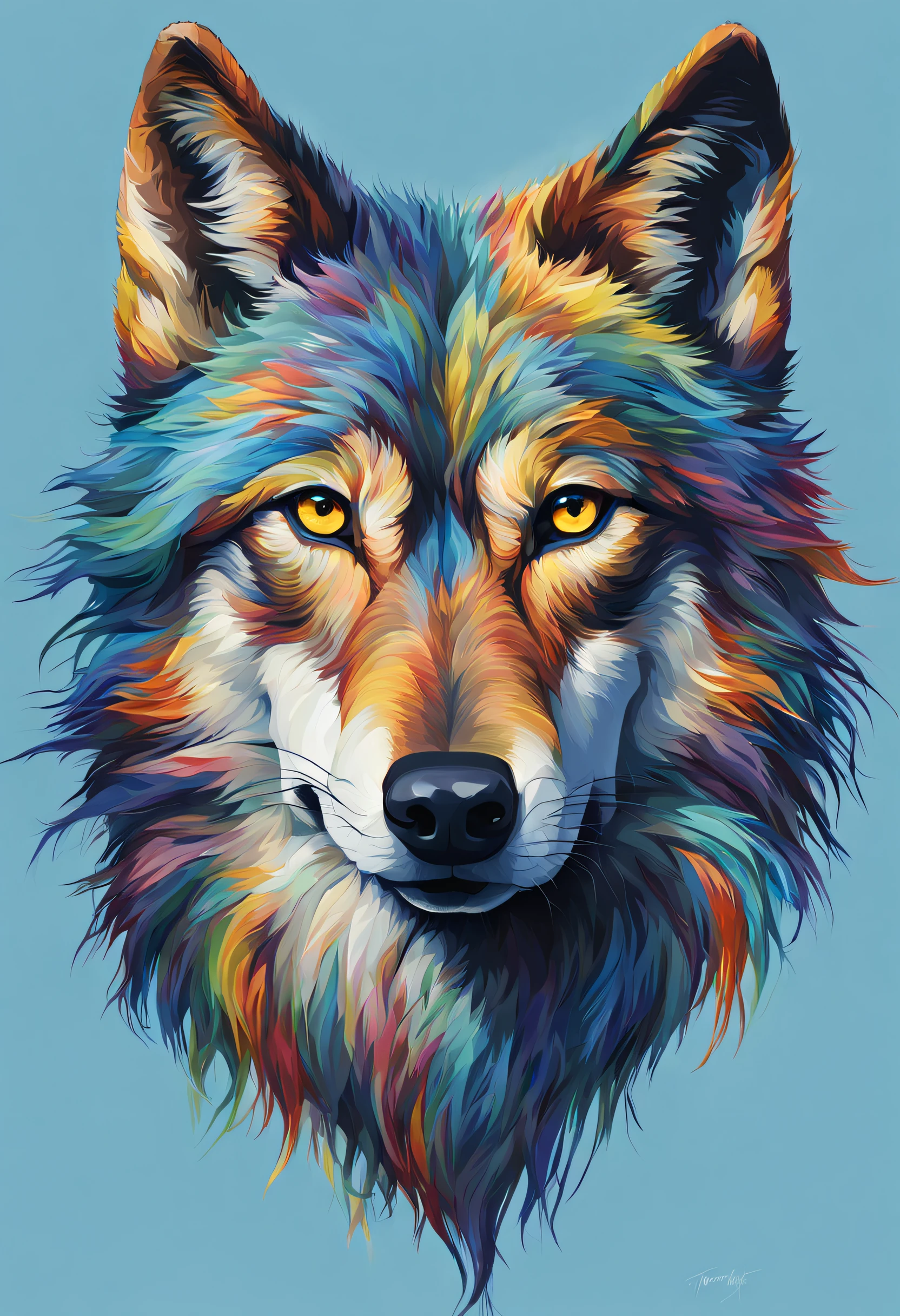 String art, a portrait of a wolf with colorful hair on a blue background, a detailed painting by Tom Wänerstrand, flickr, furry art, a painting of a wolf, wolf detailed, wolf. digital painting, full of colors and rich detail, wolf portrait painting, wolf design