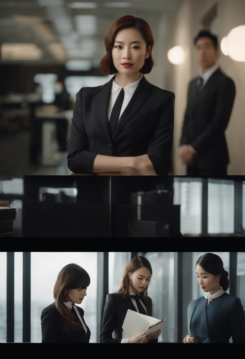 Two young Japanese women in suits, Black leather gloves, Stand face to face with knee-high boots. The environment is set in a modern office, It has a stylish and sophisticated atmosphere. Women have a clear difference in height, One is significantly taller than the other. The image quality is the best, It has ultra-delicate realism and bright colors. The lighting is perfectly balanced, Create a professional, sophisticated look.