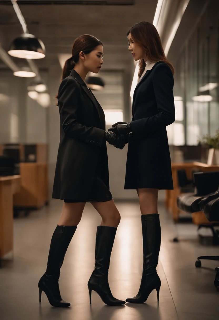 Two young Japanese women in suits, Black leather gloves, Stand face to face with knee-high boots. The environment is set in a modern office, It has a stylish and sophisticated atmosphere. Women have a clear difference in height, One is significantly taller than the other. The image quality is the best, It has ultra-delicate realism and bright colors. The lighting is perfectly balanced, Create a professional, sophisticated look.