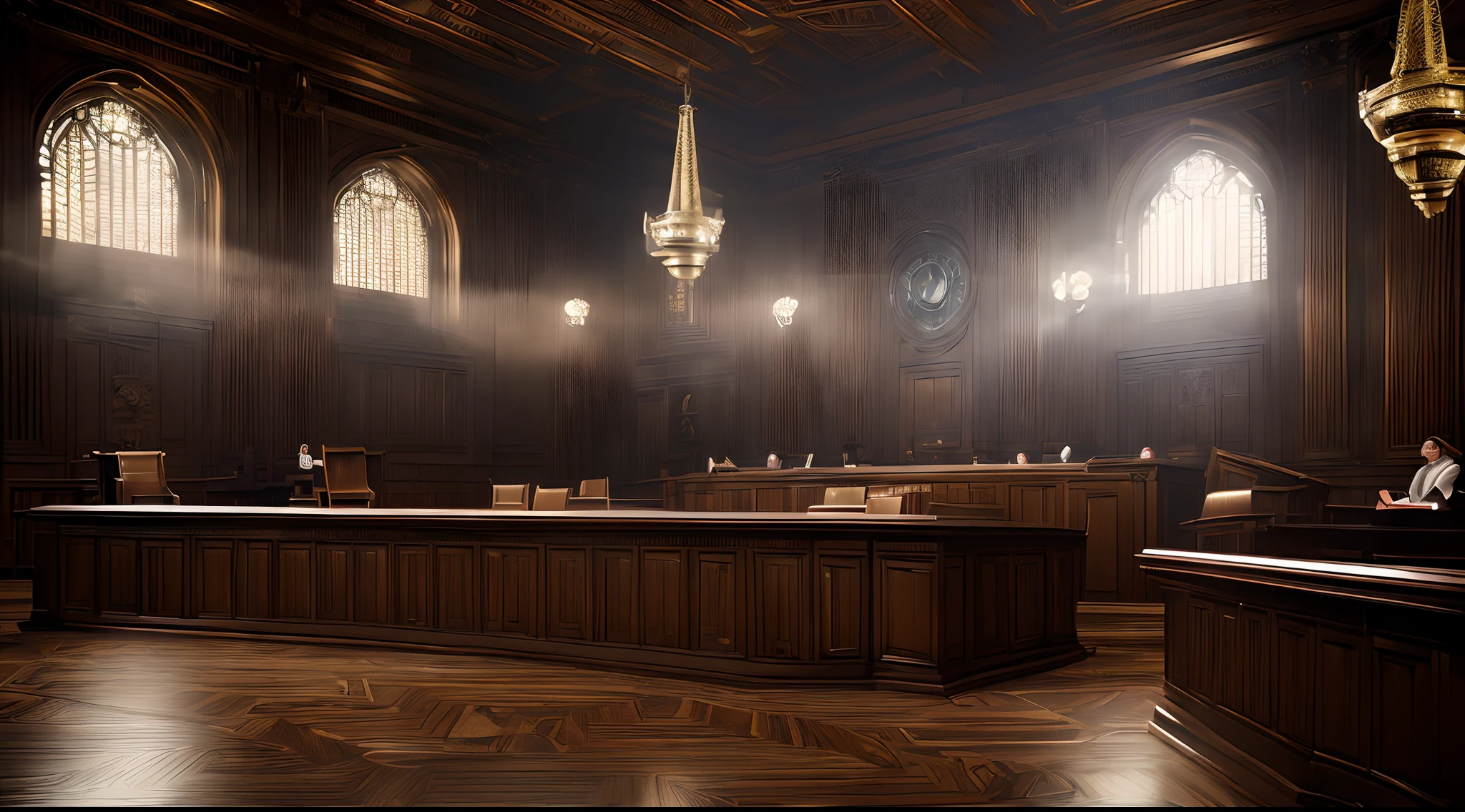 ((Hyper-realistic+Masterpiece:1.4), (Cinematic+Mysterious:1.3)) depiction of a ((mysterious courtroom:1.3)|(enigmatic legal chamber:1.3)) bathed in cinematic lighting, ((Mystical proceedings:1.4)|(Legal enigma)), ((Enigmatic atmosphere in the courtroom)|(Cinematic ambiance with a touch of mystery)), ((Inspired by hyper-realism and courtroom drama)|(Influences from cinematic masterpieces)), ((High-resolution rendering in glorious 8K:1.3), (Intricate details of the courtroom:1.4)), (Cinematic lighting casting intriguing shadows and highlights:1.3), ((Subtle play of light and shadows on the legal elements:1.2)|(Realistic portrayal of a mysterious courtroom)), ((Authentic depiction of legal enigma and suspense)|(Hyper-realistic courtroom in cinematic glory)), (((Professional scene setup:1.3) for the courtroom ambiance)), ((Artistic exploration of legal drama, enigma, and realism in a cinematic style:1.2)), (Hyper-realistic courtroom artistry with a cinematic touch:1.3)