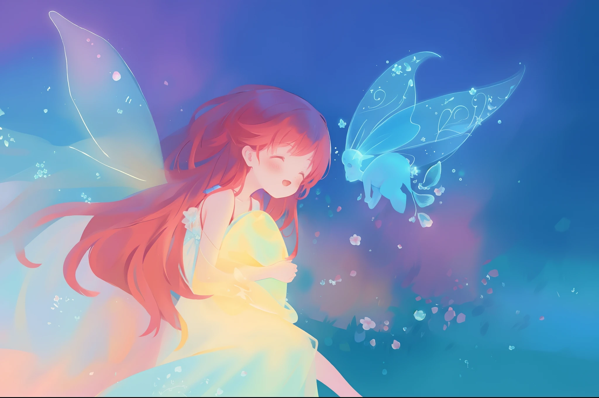 beautiful girl in flowing white dress, (glowing fairy wings), glowing flowing ballgown, glowing red hair, sparkling fairy wings, watercolor illustration, flowers and colorful plants, inspired by Glen Keane, inspired by Lois van Baarle, disney art style, by Lois van Baarle, glowing aura around her, by Glen Keane, jen bartel, glowing lights! digital painting, flowing glowing hair, glowing flowing hair, beautiful digital illustration, fantasia otherworldly landscape plants flowers, beautiful, masterpiece, best quality, anime disney style