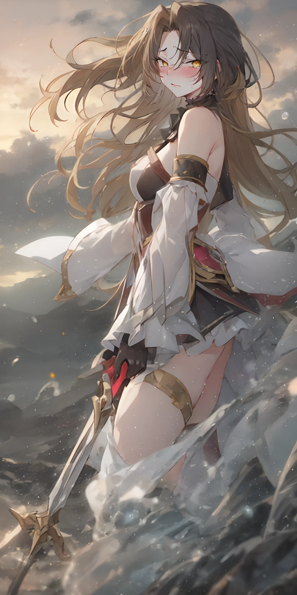 (black hair:1.4), forehead, yellow eyes, 1girl, solo, cloud, breastplate, sky, breasts, floating_hair, bare_shoulders, from_side, outdoors, detached_sleeves, standing, large_breasts, cloudy_sky, dress, skirt, looking_at_viewer, armor, red_skirt, long_sleeves, weapon, medium_breasts,