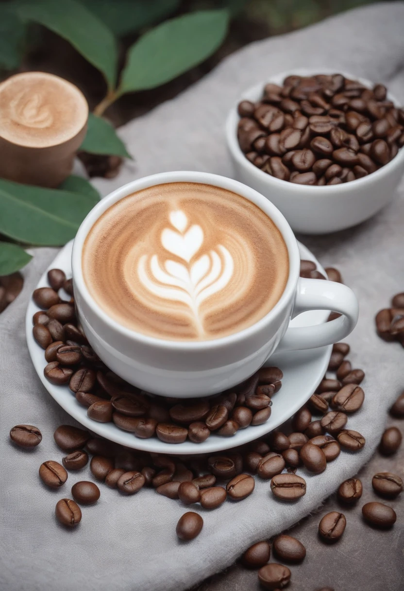 a cup of coffee, beans, espresso, outdoor, background mountain, cinematic, professional photography, advertising photography, intricate details, hyper-detailed, ultra realistic, 8K UHD