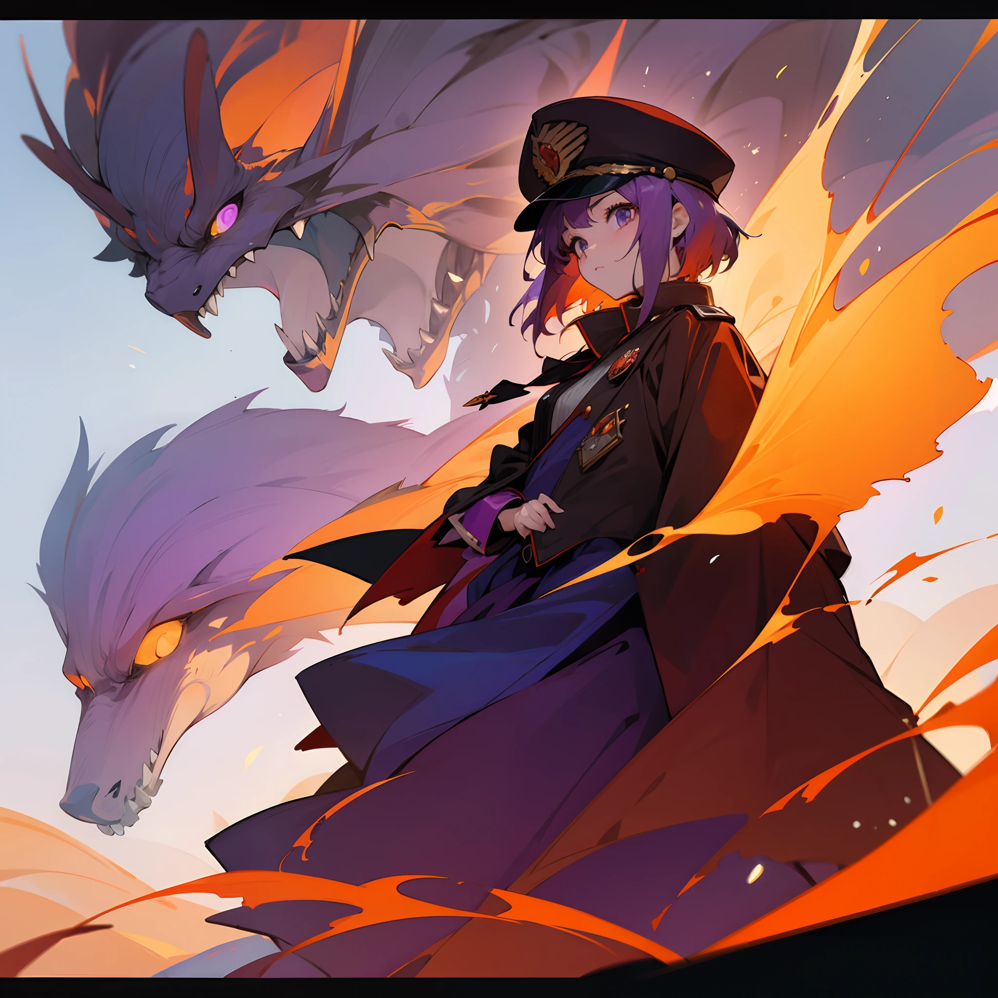 Short orange-purple hair,teens girl,Summoner,Giant creatures,Heteropupil,Military coat,Red military cap,badges