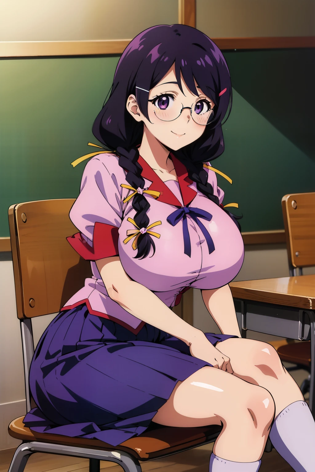 black rim glasses,braid,1990s,anime art style,anime screencap,spread legs,full body standing,(nsfw),(nude),(((((gigantic breast))))),(((dropping breast))),slim waist,(masterpiece, highest quality, detailed background),perfect anatomy,(perfect face),saionji_nana me,1 girl,hair ornaments,twintail,Happy,Are standing,classroom,arms bihind head,