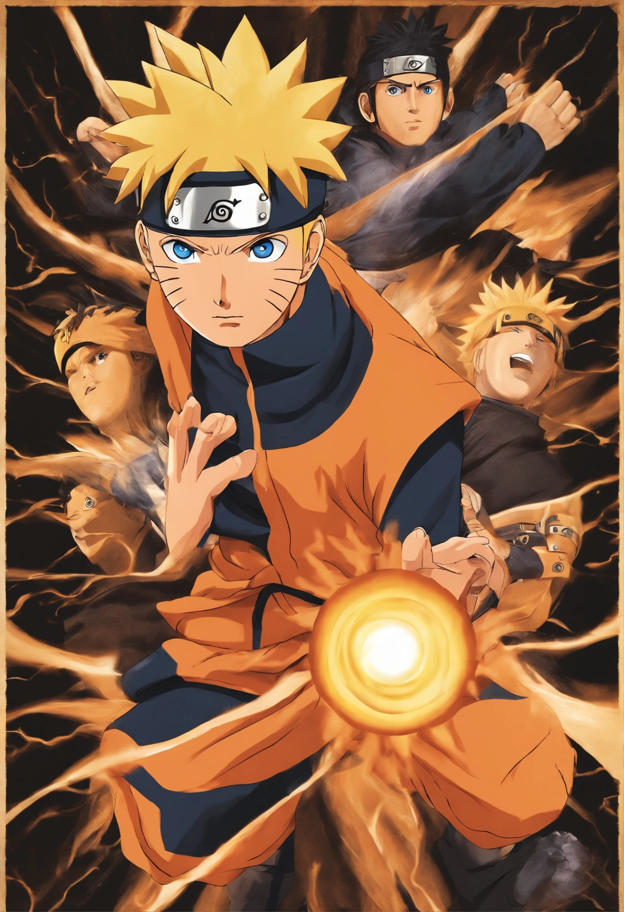 "Create breathtaking movie posters inspired by Masashi Kishimoto's Naruto, Showing off the legendary Naruto Uzumaki in glory."