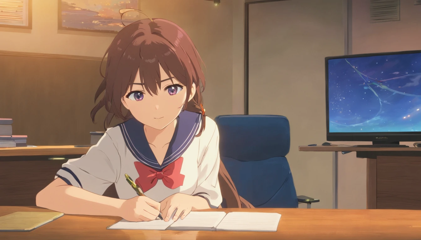 (masuter piece)、(best qualtiy)、(super detailing)、(well-groomed hair)、(illustratio)、(1girl in)、(detailedbackground)、Beautiful detailed eyes、Delicate beautiful face、(High color saturation)、Focus on the face、A dark-haired、bangss、movement、shorth hair、pixiv illustration、best qualtiy、super detailing、美丽的面容、4K、Clair、top-quality、beautidful eyes、Moist eyes、Blush cheeks、in 8K、The Light Shines、Happy look、Extremely beautiful scenery、A refreshing breeze blows、serious facial expression、Concentration、amazing composition、Looking down at the desk、a sailor suit、Serious gaze、An ultra-high picture quality、Alone、learning、lecture、Write in a note、study、lesson、Herren
