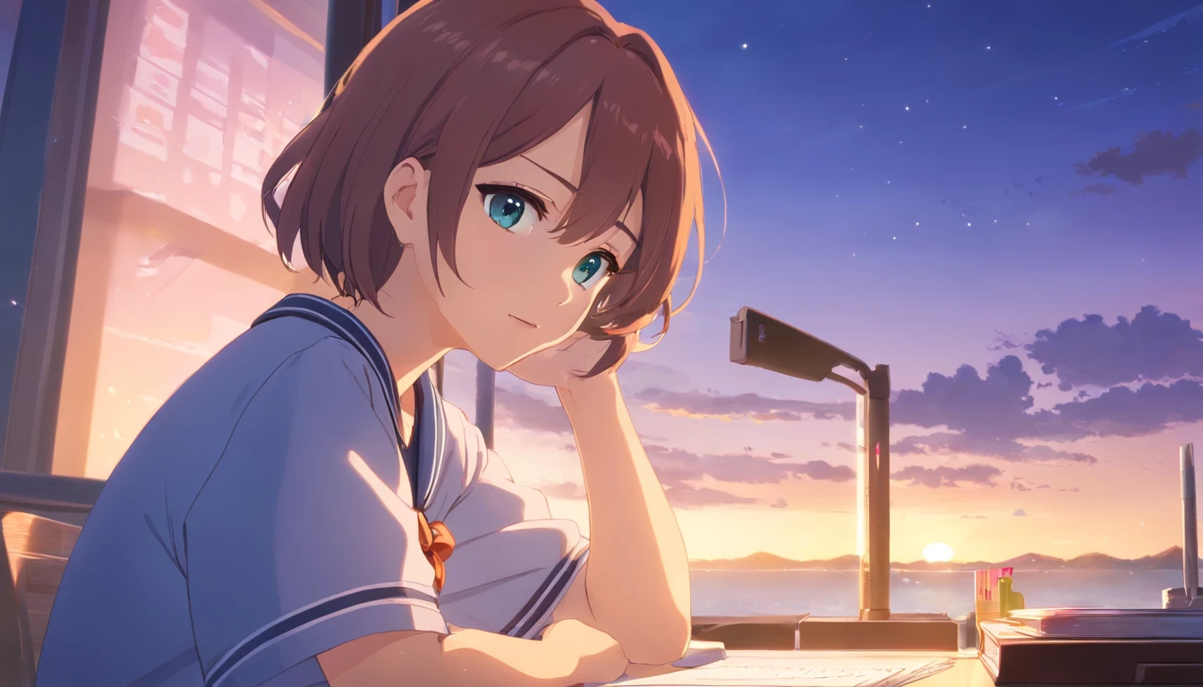 (masuter piece)、(best qualtiy)、(super detailing)、(well-groomed hair)、(illustratio)、(1girl in)、(detailedbackground)、Beautiful detailed eyes、Delicate beautiful face、(High color saturation)、Focus on the face、A dark-haired、bangss、movement、shorth hair、pixiv illustration、best qualtiy、super detailing、美丽的面容、4K、Clair、top-quality、beautidful eyes、Moist eyes、Blush cheeks、in 8K、The Light Shines、Happy look、Extremely beautiful scenery、A refreshing breeze blows、serious facial expression、Concentration、amazing composition、Looking down at the desk、a sailor suit、Serious gaze、An ultra-high picture quality、Alone、learning、lecture、Write in a note、study、lesson、Herren