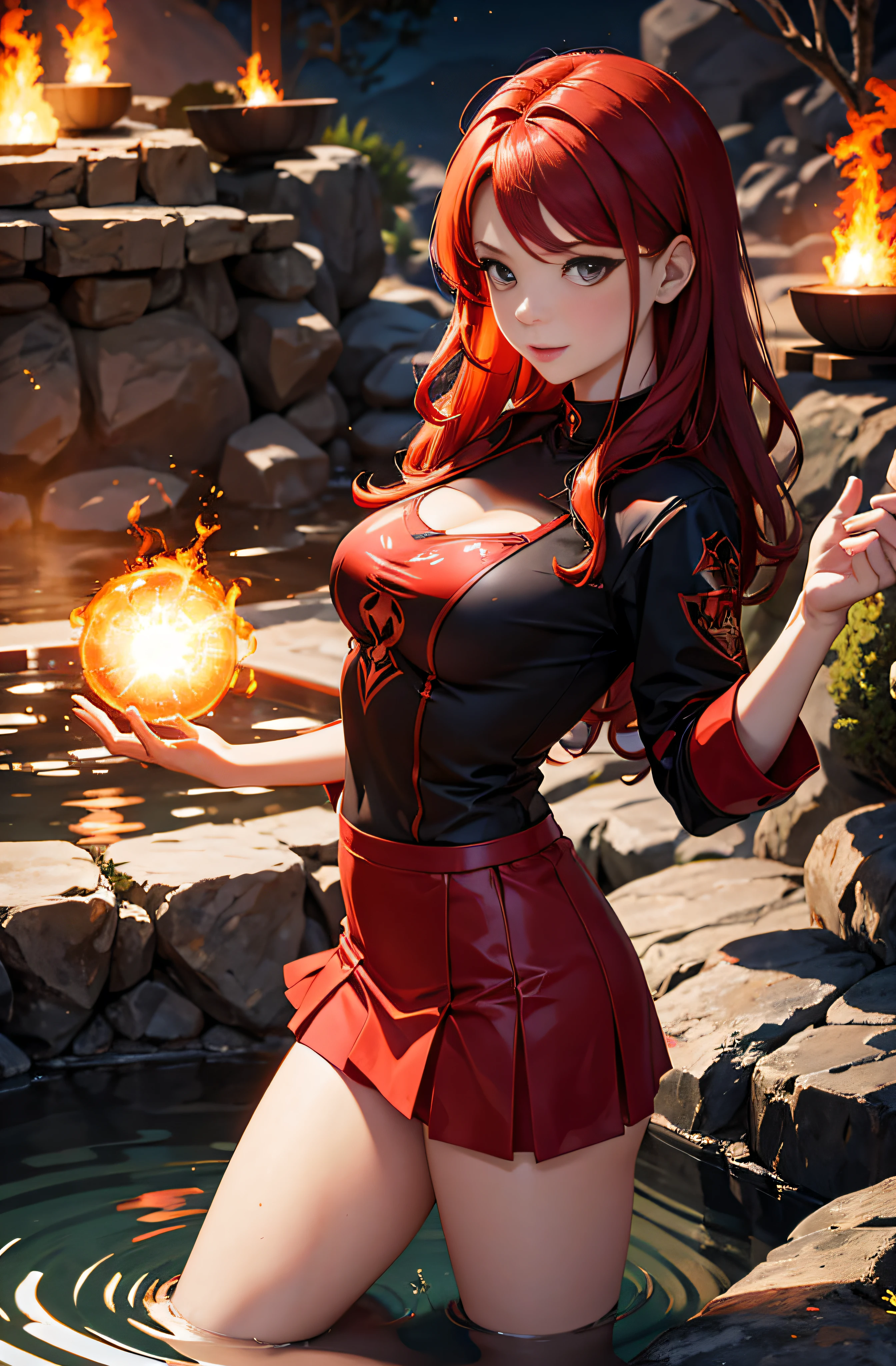 a sexy red-haired witch wearing a red skirt and high fantasy shirt making a fireball with her hands at a hot spring