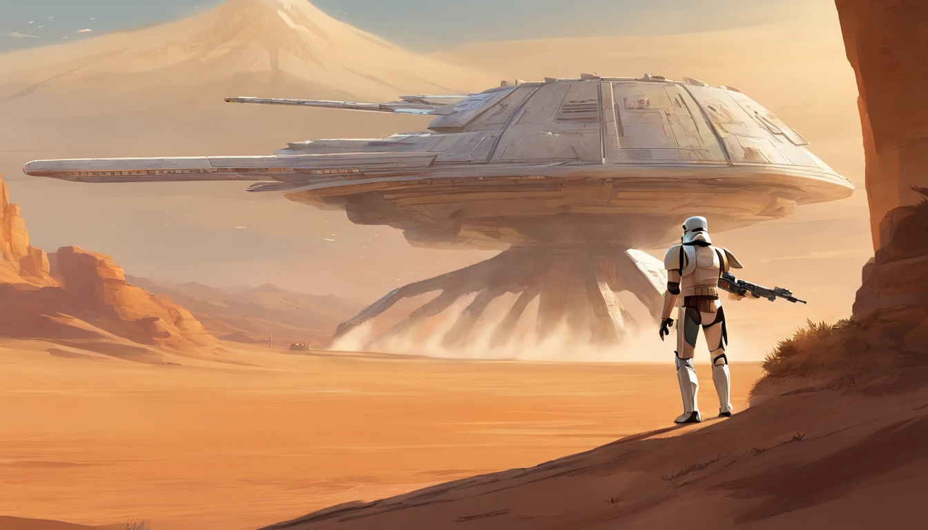 Medium Shot, Imperial Stormtrooper, Outstretched Hand, against the backdrop of the desert, based on concept art by Magalie Villeneuve, trending on cg society, AB """"Star Wars""": The Old Republic", influenced by Ralph McQuarrie's concept art. The colors and lighting are bright and dynamic, Enhancing the overall atmosphere of the artwork. Image quality is paramount, With the best quality, 4K or 8K resolution, hight resolution, And a masterpiece:1.2, which makes it a true masterpiece in terms of quality and detail.