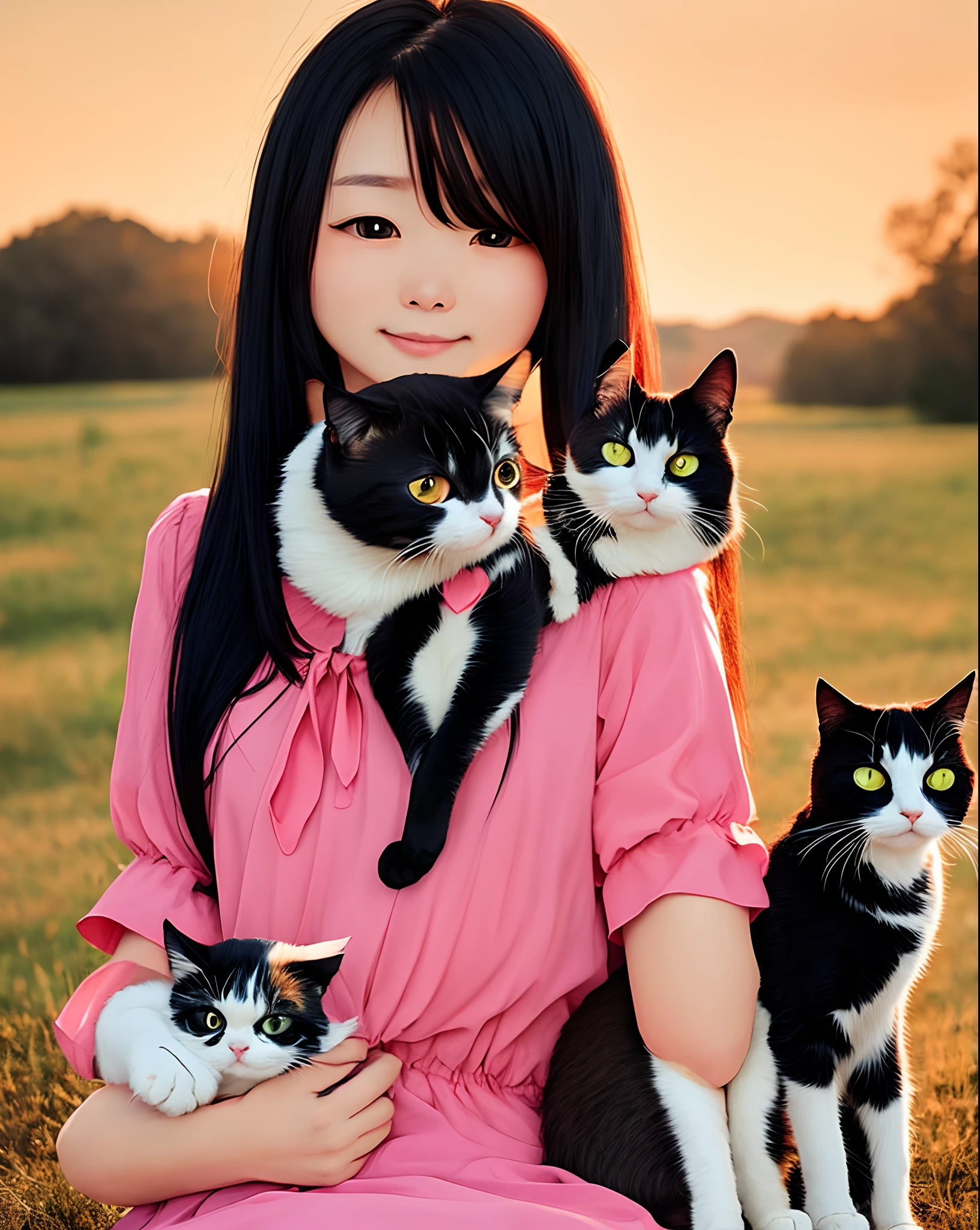 a cute chibi, long black hair, holding a cat, wearing pink dress, in golden hour