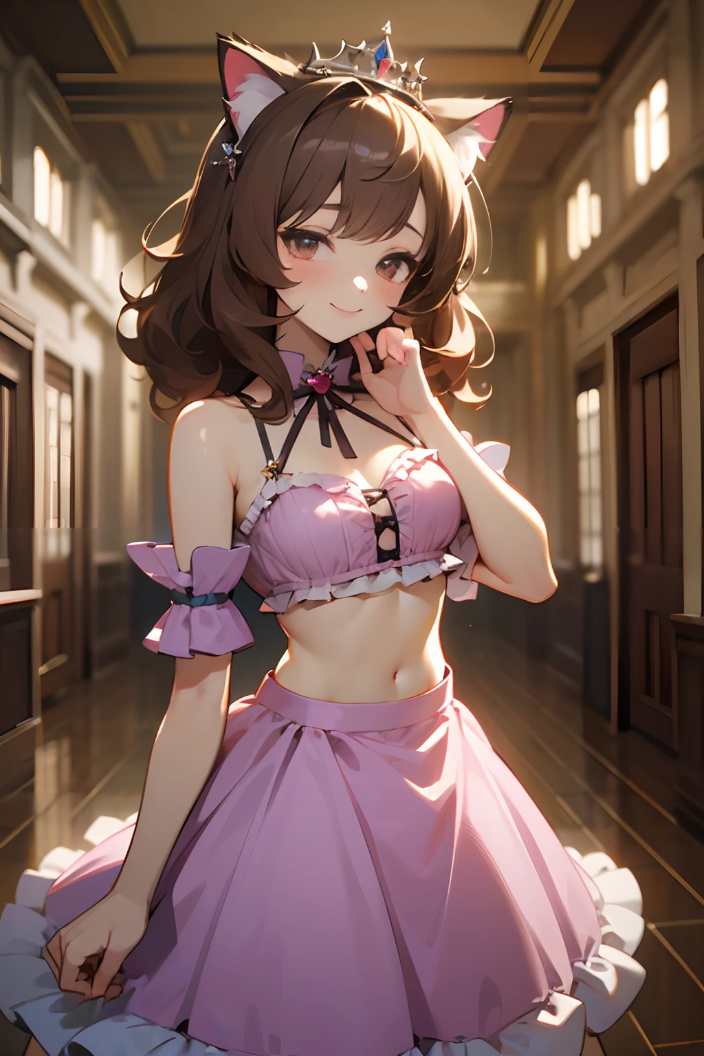 (beautiful girl: 1.3),1girl,masterpiece, Highest quality, Ultra-high resolution,rich contrast,super high quality,8k,Highly detailed CG unit wallpaper,texture,Incredibly absurd,Ultra-high resolution,RAW Photos,Depth of Field 1.2,(Brown Hair,ponytail),Ultra-detailed eyes,Glowing Skin,Glitter effect,Beautiful glossy lips,(idol clothes:1.3),Bright and wide hallway,(((Bowing one’s head)))