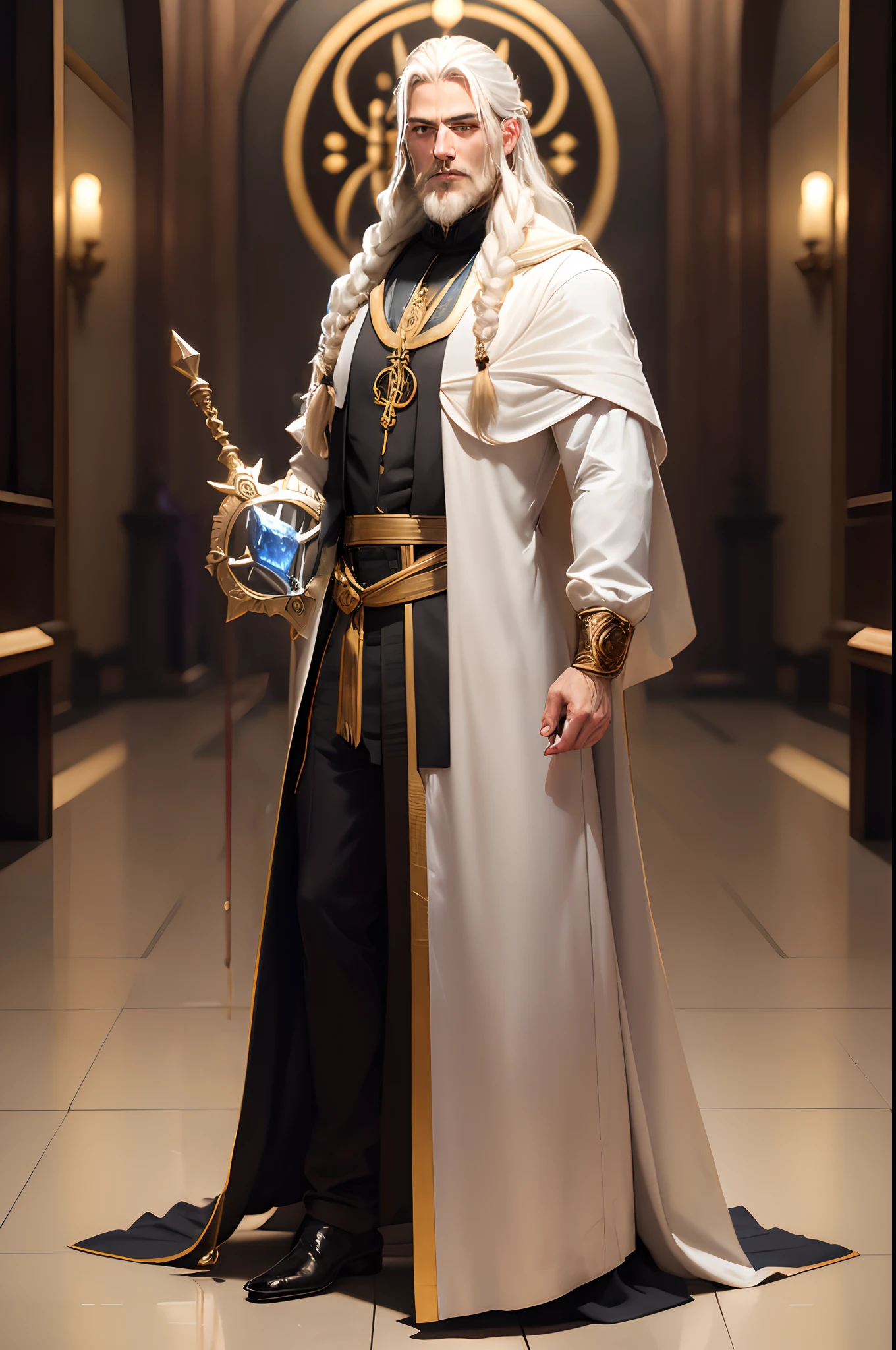 This mystical staff is a masterpiece of divine power, worn by a cleric dedicated to protection and justice. He's impressively big, com uma altura de 2 metros, feito de um carvalho celestial imaculado, cuja madeira brilha com uma luz dourada suave. The handle is wrapped in thick brown leather, providing a firm and comfortable grip, and has runic carvings that radiate a sacred aura.
The top of the staff is adorned with a gleaming blue sapphire, which appears to contain a fragment of heaven itself. The sapphire emits a heavenly light when the cleric invokes its divine powers. When the staff is raised, An aura of strength and protection radiates from him, enveloping the cleric and his allies in an impenetrable magical barrier. The base of the staff is reinforced with silver metal, giving it unparalleled durability and strength.