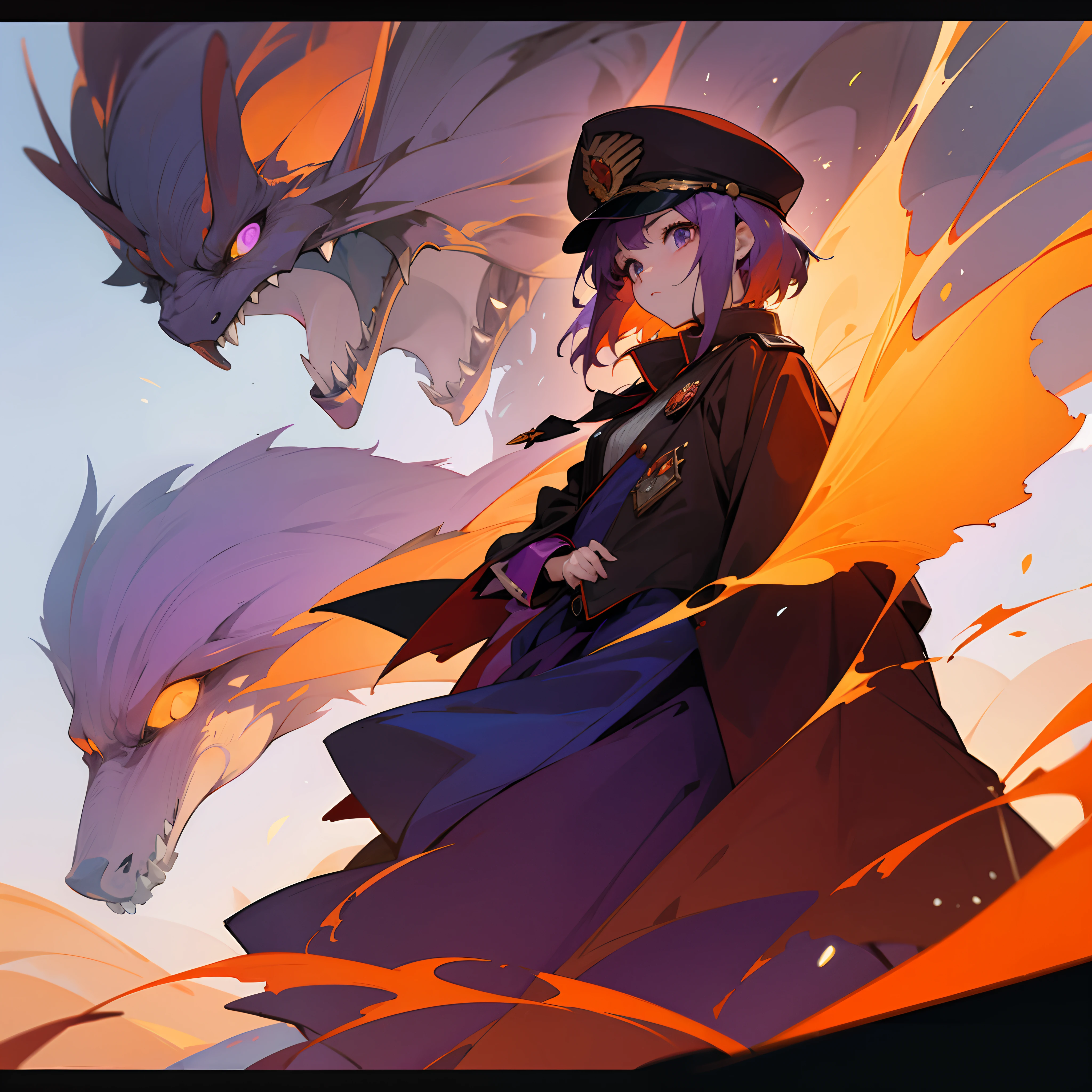 Short orange-purple hair,teens girl,Summoner,Giant creatures,Heteropupil,Military coat,Red military cap,badges