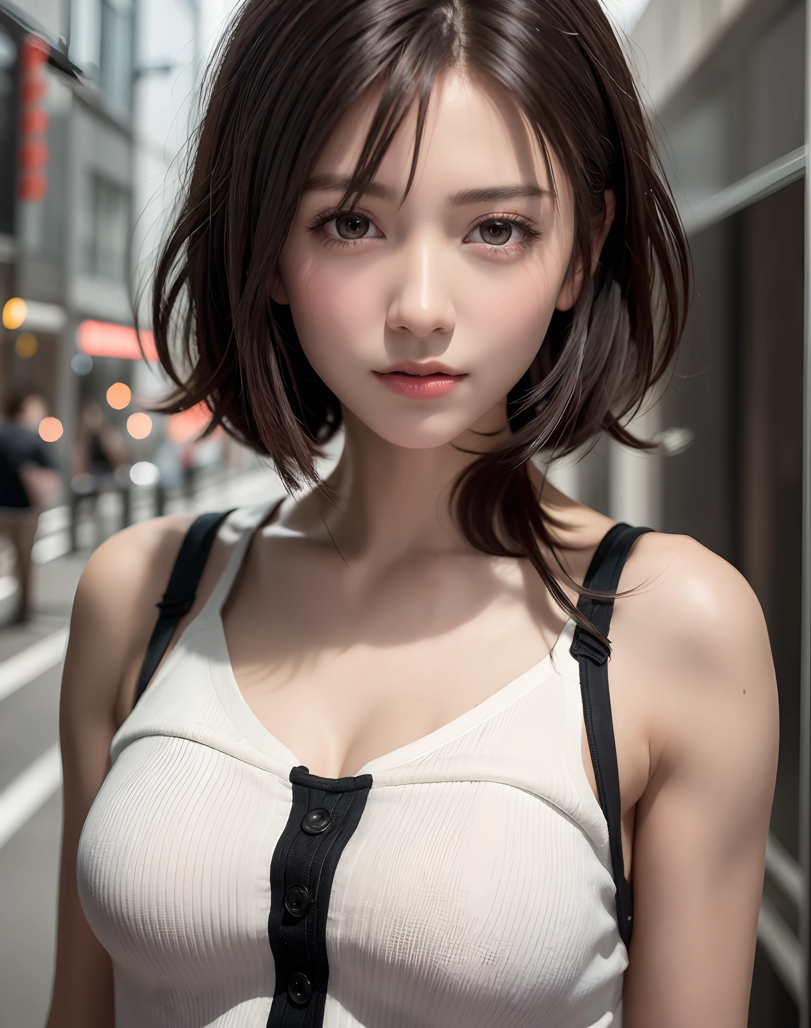(masterpiece: 1.3), (8K, Photorealista, Photo Raw, top-quality: 1.4), full bodyesbian, Walking the streets of Tokyo, (1girl in), gorgeous faces, (lifelike face), (A dark-haired, short-haired: 1.3), Gorgeous hairstyle, realisticeyes, beautiful finely detailed eyes, (Pere Lealis...