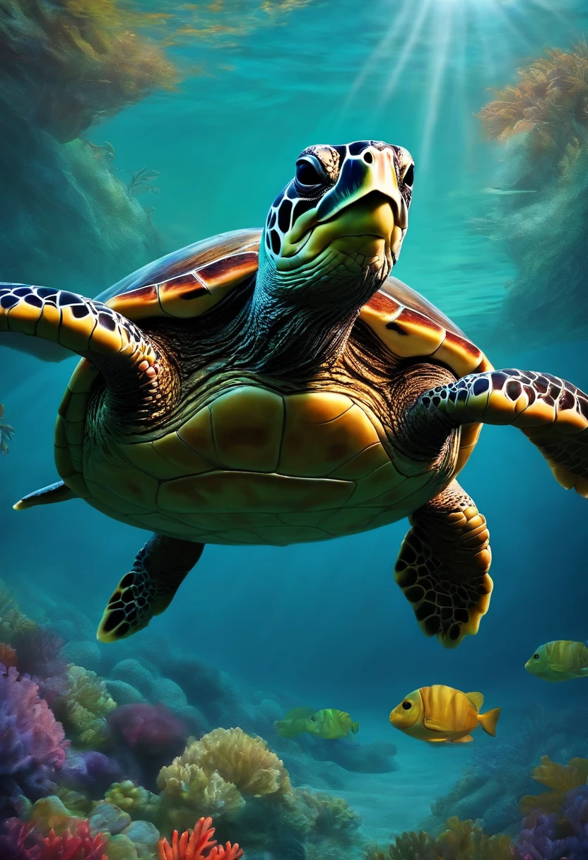 a cartoon turtle surfing in the sea
