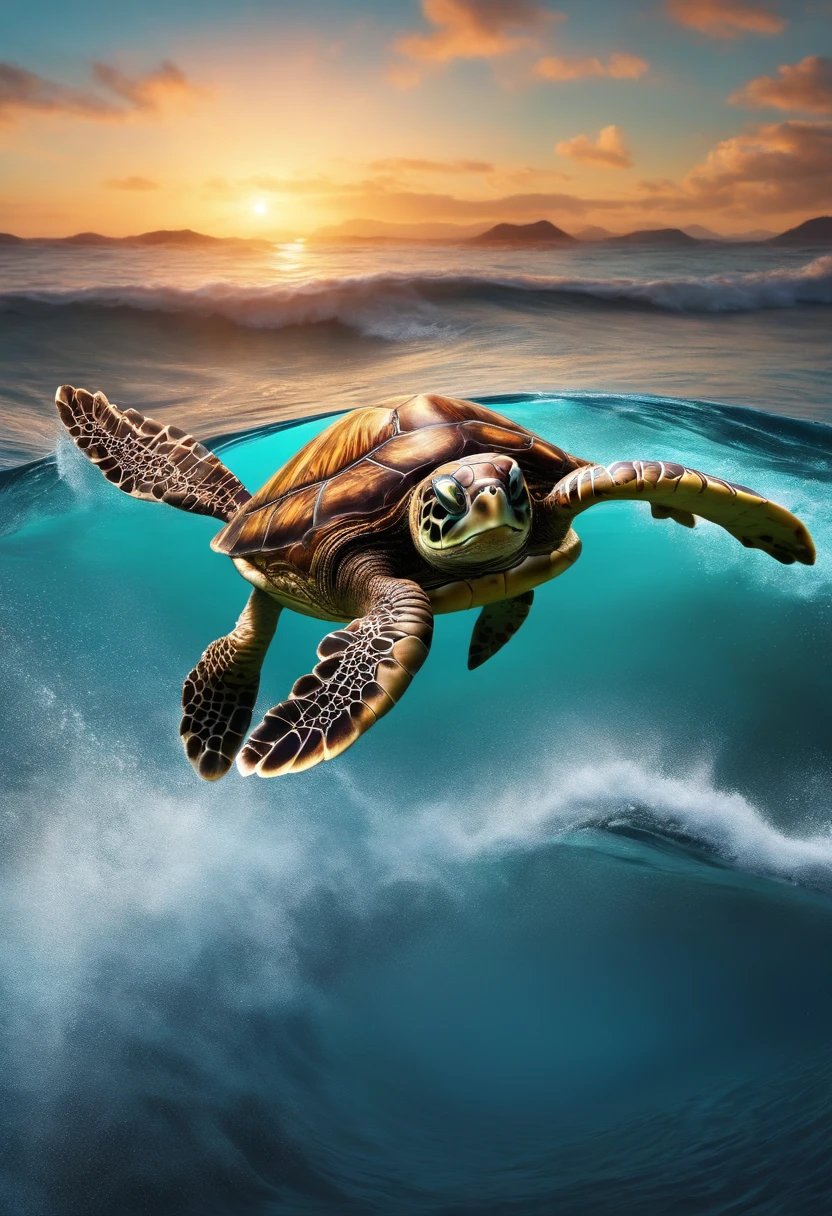 a cartoon turtle surfing in the sea