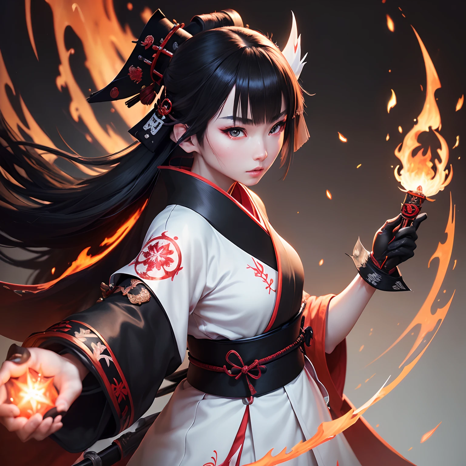 (Best Quality,Ultra-detailed,Realistic:1.37)、Japan Onmyoji attacks with flame magic、An 18-year-old woman、(Sharp eyes:1.5)、Aggressive look、Fashionable white hakama、(Black Eboshi:1.5)、Radiates flames from the palm of your hand、Pentagram、Full body