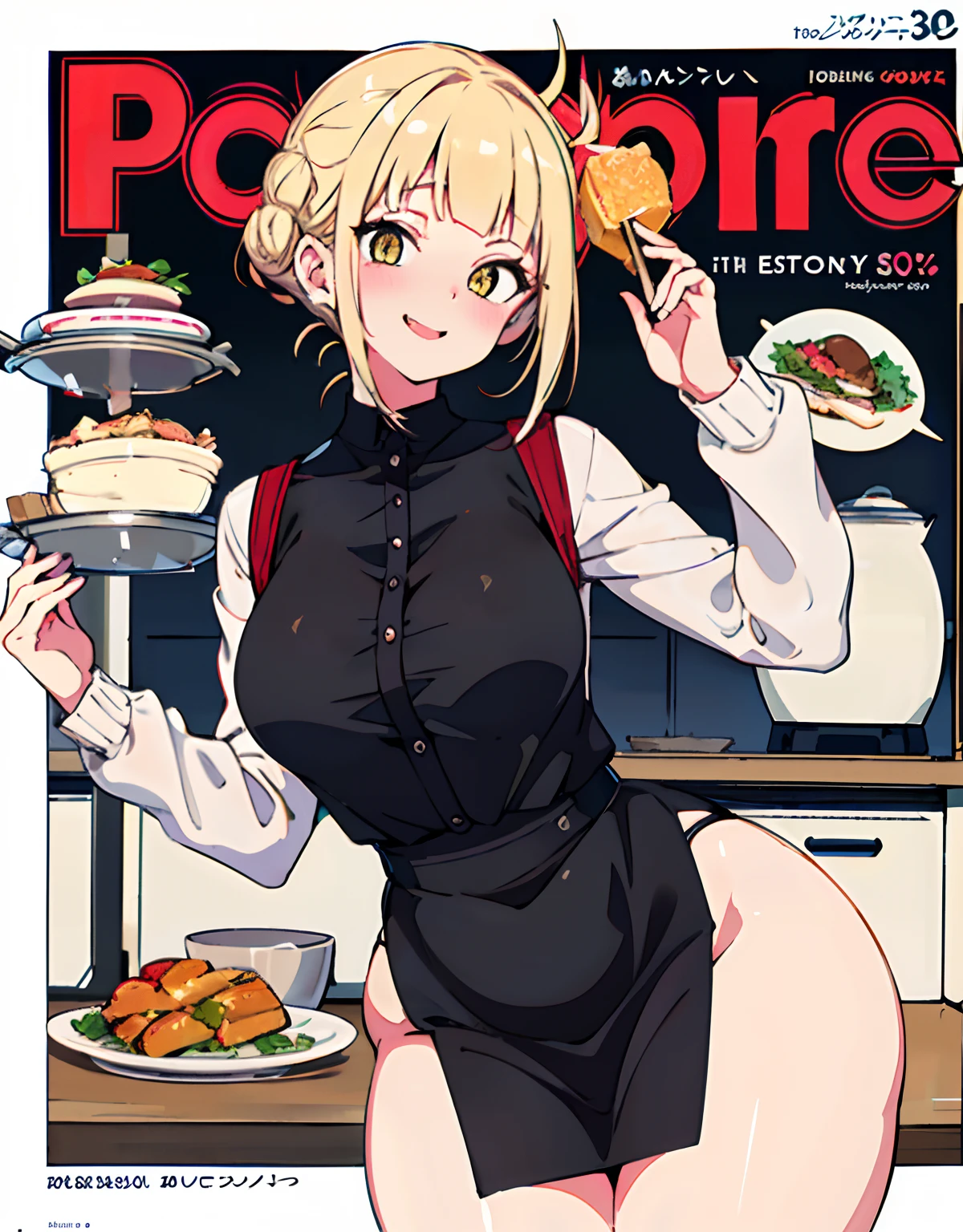 (Best Quality, Masterpiece),sexy mommy, Front cover of a women's cooking magazine, erotic, 18+, nsfw, 1girl, 30 years old, stunning, cute, smile, hourglass figure, Maid costume, beautiful food, text, diagrams, advertisements, magazine title, short blonde hair , brown detailed sparkling eyes,