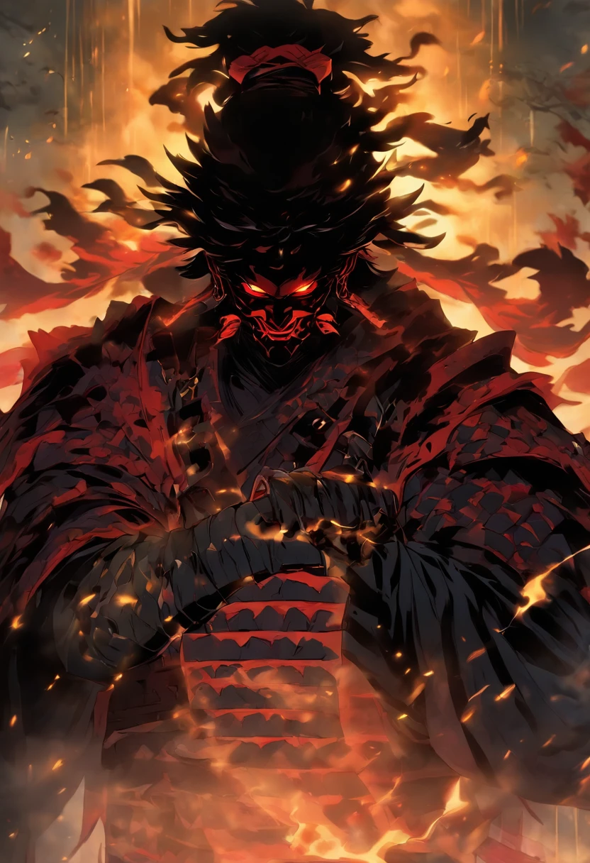 Amidst the ethereal mist of a moonlit grove, behold the Shadow Samurai Demon. Clad in obsidian armor that melds seamlessly with the shadows, he emanates an otherworldly presence. His helmet, resembling the fearsome visage of a demon, conceals his face, shrouding his identity in enigma. Dark, soulless eyes pierce through the darkness, glowing with an unearthly intensity. With a battle stance honed through centuries of combat, the Shadow Samurai Demon prepares to unsheathe his black sword, a weapon forged in the depths of darkness itself. Every inch of his being exudes an aura of power, a testament to his mastery over the arcane arts. As he stands poised, shadows dance and twist around him, merging with his form, as if he is one with the darkness. The air crackles with an eerie energy, a prelude to the impending clash of blades. Will you dare to face this spectral warrior, or will the shadows swallow you whole?
