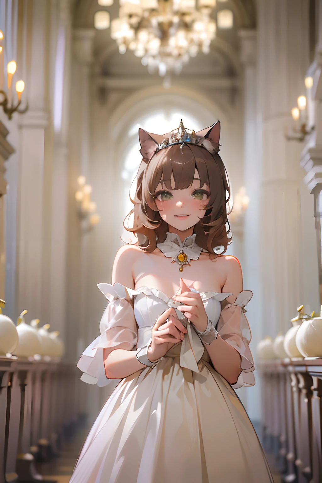 ((Masterpiece)), (High Definition:1.3), (Professional Photography:1.2), best quality, 8K, Textured skin, cinematic lighting, 1girl, wide-shot, (Cute innocent age girl), slendar and small breast, very messy medium hair, Wearing luxualy loliress, tiara, (exposed small breast), blush and smile, cat ears, pale brown hair, (princess posing in the large hall)