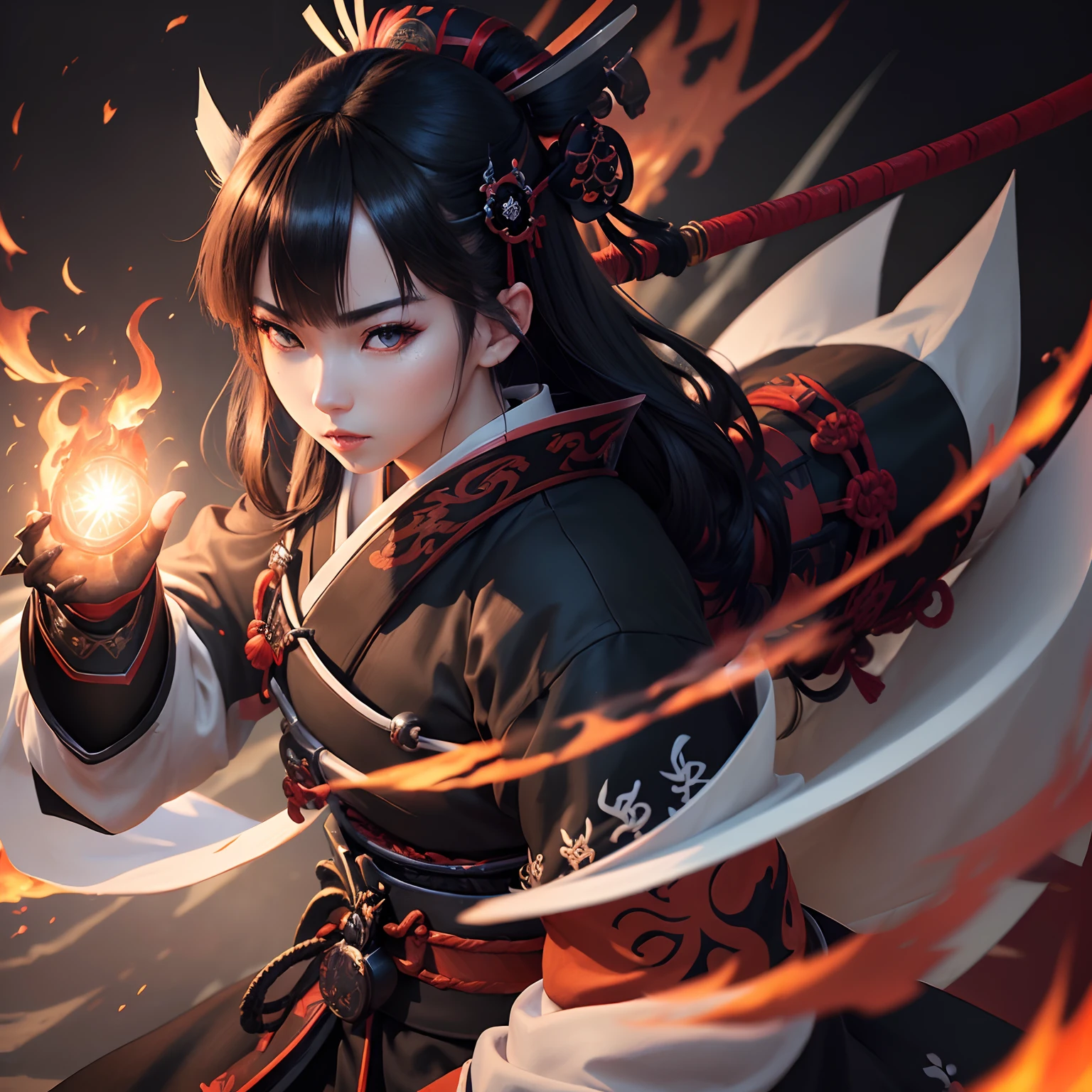 (Best Quality,Ultra-detailed,Realistic:1.37)、Japan Onmyoji attacks with flame magic、An 18-year-old woman、(Sharp eyes:1.5)、Aggressive look、Fashionable white hakama、(Black Eboshi:1.5)、Radiates flames from the palm of your hand、Pentagram、Full body