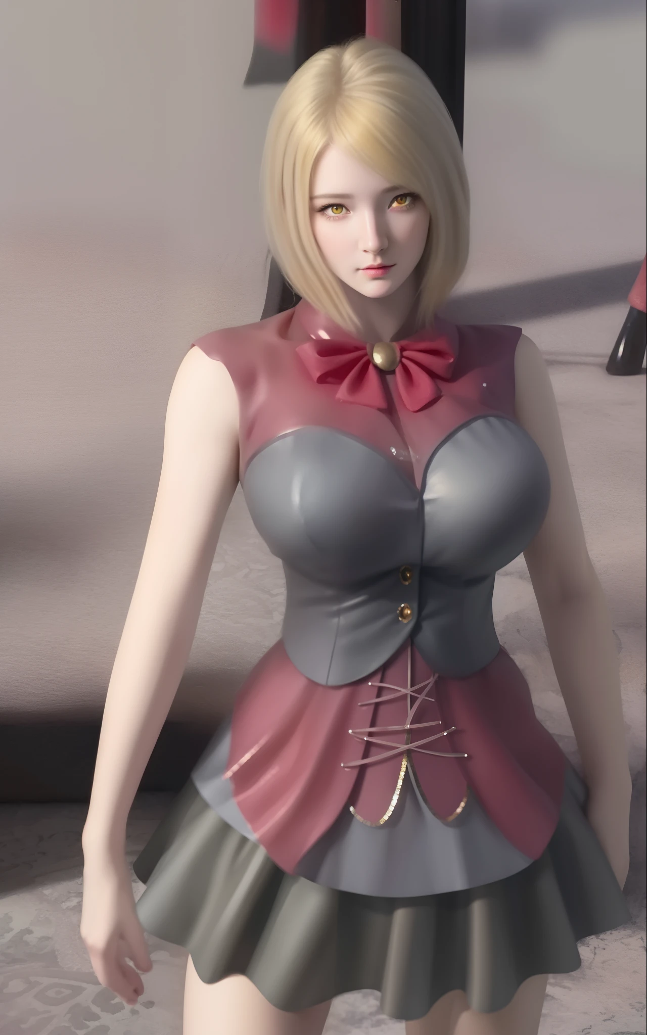 (hyperrealistic), (illustration), (high resolution), (8K), (extremely detailed), (best illustration), (beautiful detailed eyes), (best quality), (ultra-detailed), (masterpiece), (wallpaper), (photorealistic), (natural light), (rim lighting), (detailed face), (high detailed realistic skin texture), (anatomically correct), (solo), (1 girl), (high detailed realistic hair), (blonde hair:1.35), (heterochromic eyes), (detailed eyes), (yellow eyes:1.37), (sparkling eyes), (realistic big breasts:1.5), (exposed  breasts:1.35), (long legs), (slender abs), (dynamic pose), (closed tiny mouth:1.3), nsfw, concentrated expression.