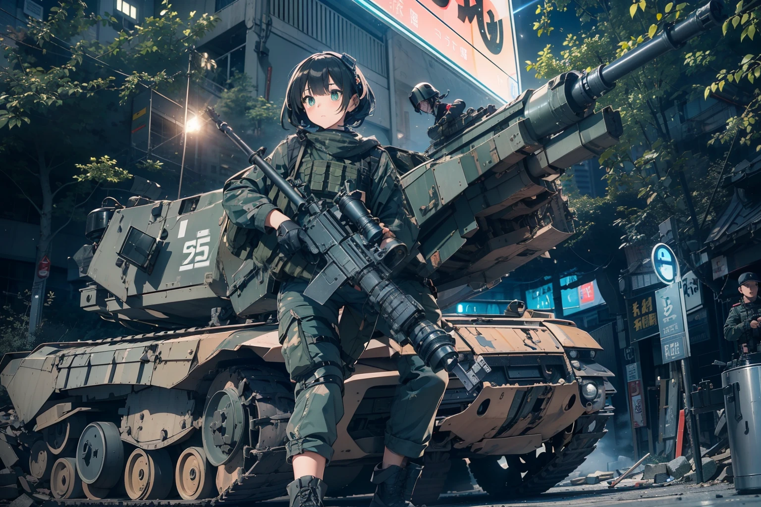 (One girl soldier sniping a giant military robot with a Lahti L-39 anti-tank gun)、long eyelasher,Blushlush,((masterpiece、top-quality、extremely details CG、16 K、Cinematographic lighting、lensflare))、Black combat uniform、Wide View、thick body、 Photorealsitic:1.4、long Brond Hair、green colored eyes、Have multiple weapons、Precision 1.Aim 4、Lahti L-39 anti-tank gun、direct light、Shooting rubble with a depth of field of 35 mm、F/1.Night footage with 8 lens flares、((Shinjuku at night where five special forces SWAT fight))、(Sniping with anti-tank rifles)、From Side、nffsw、Hyper Detailed、The wreckage of a giant robot、(wide-angle lens)、What I see